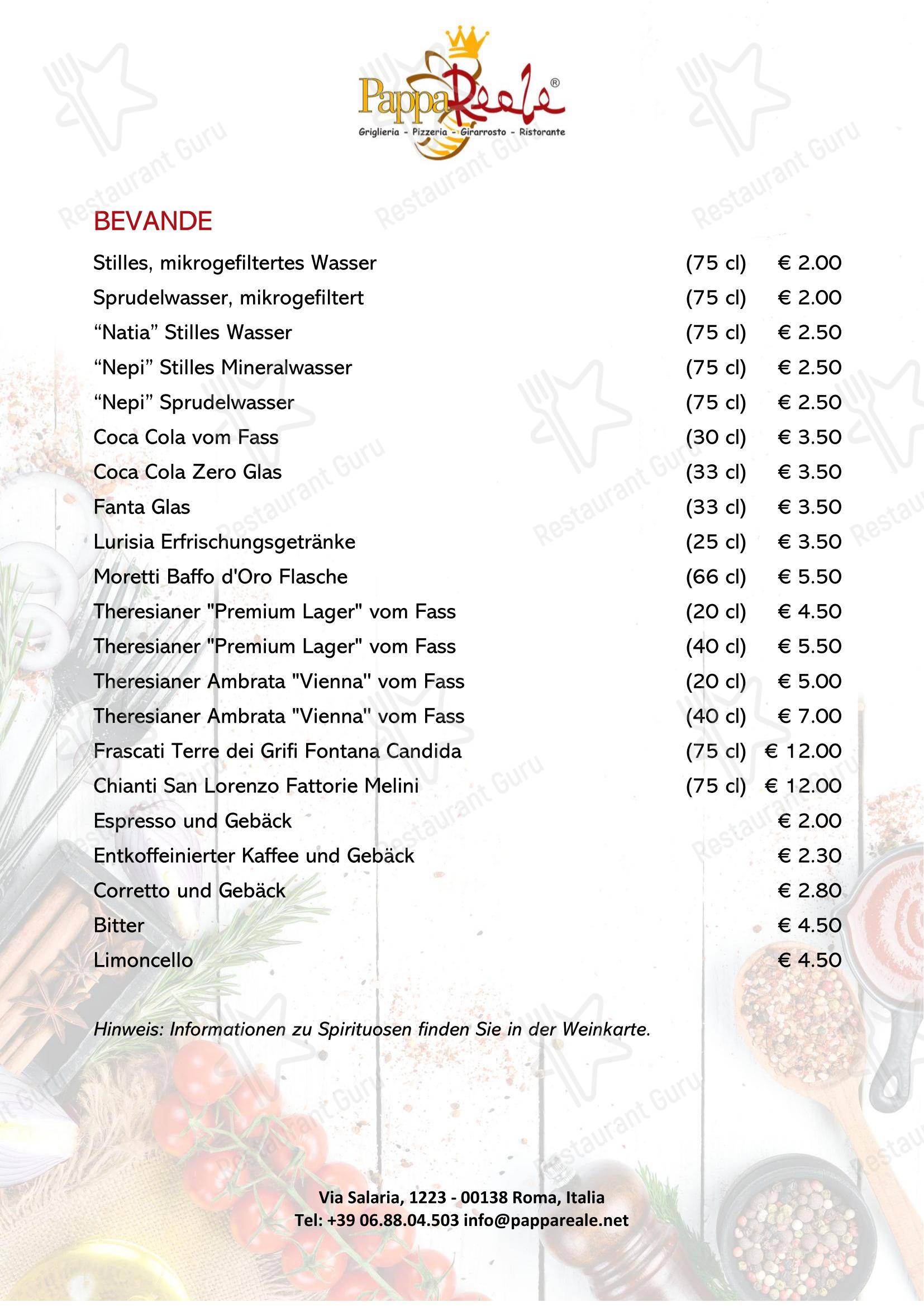 Меню напитков пиццерии Ristorante Pizzeria - PappaReale в Риме