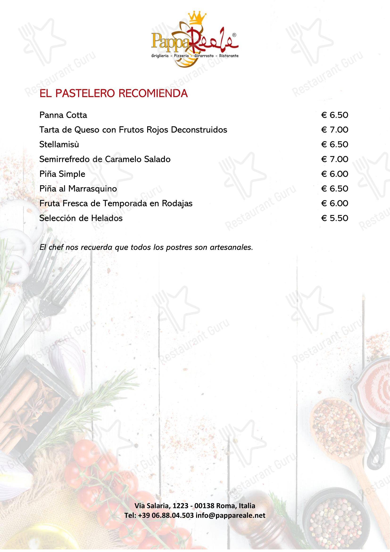 Основное меню пиццерии Ristorante Pizzeria - PappaReale в Риме