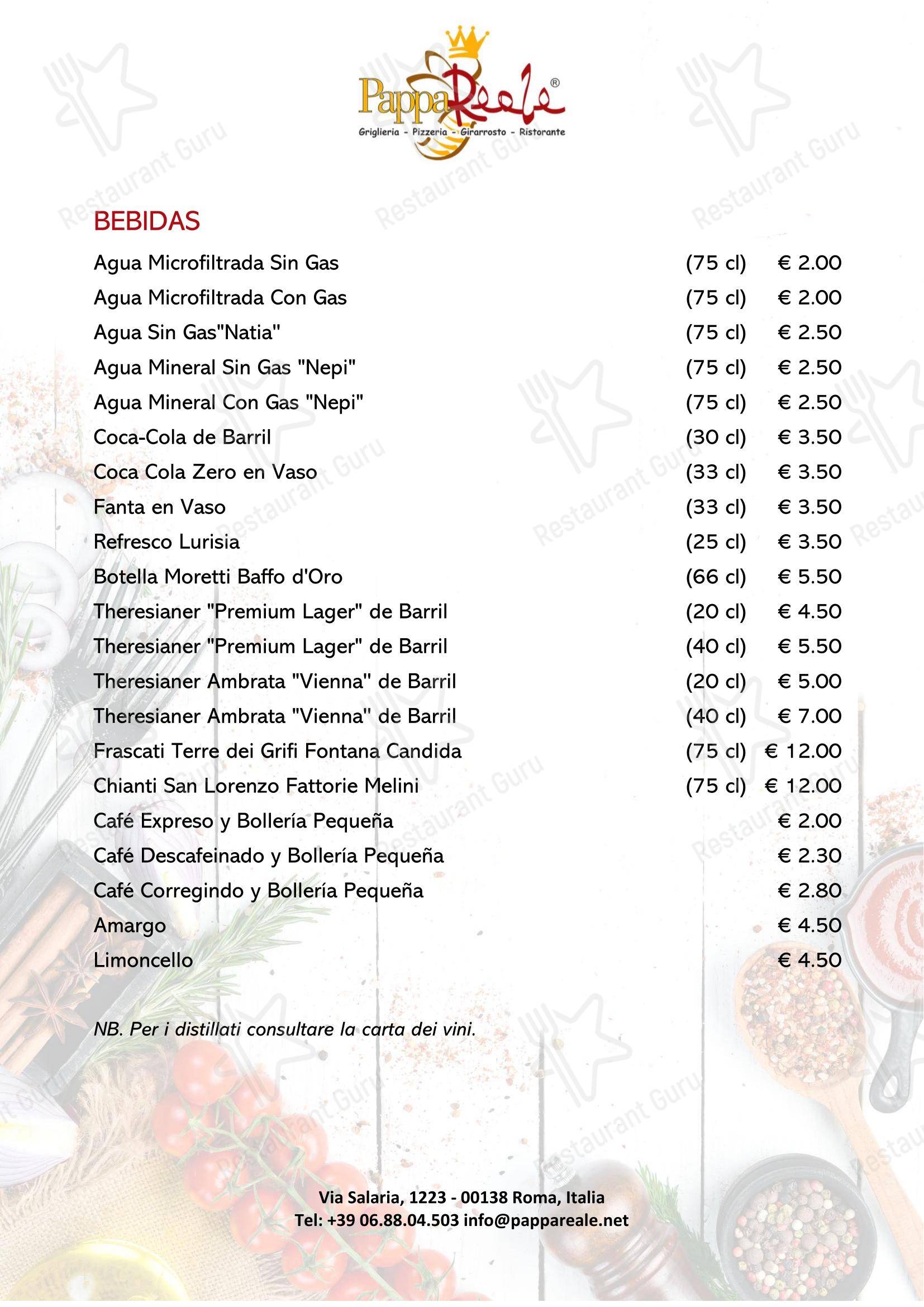 Основное меню пиццерии Ristorante Pizzeria - PappaReale в Риме