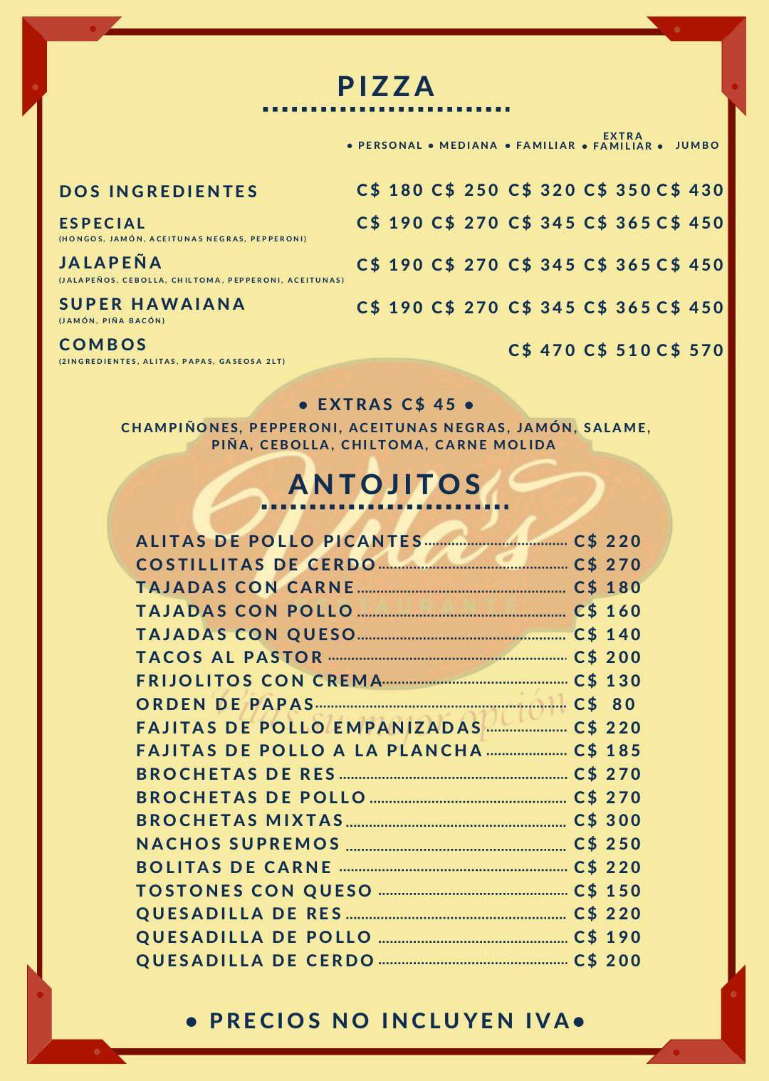 Vila's Restaurante, Rivas Nicaragua меню