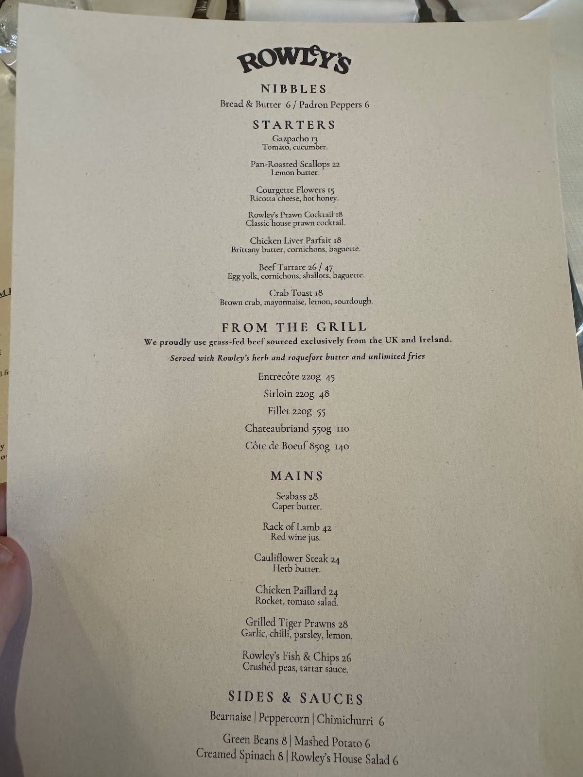 Rowley's Restaurant меню