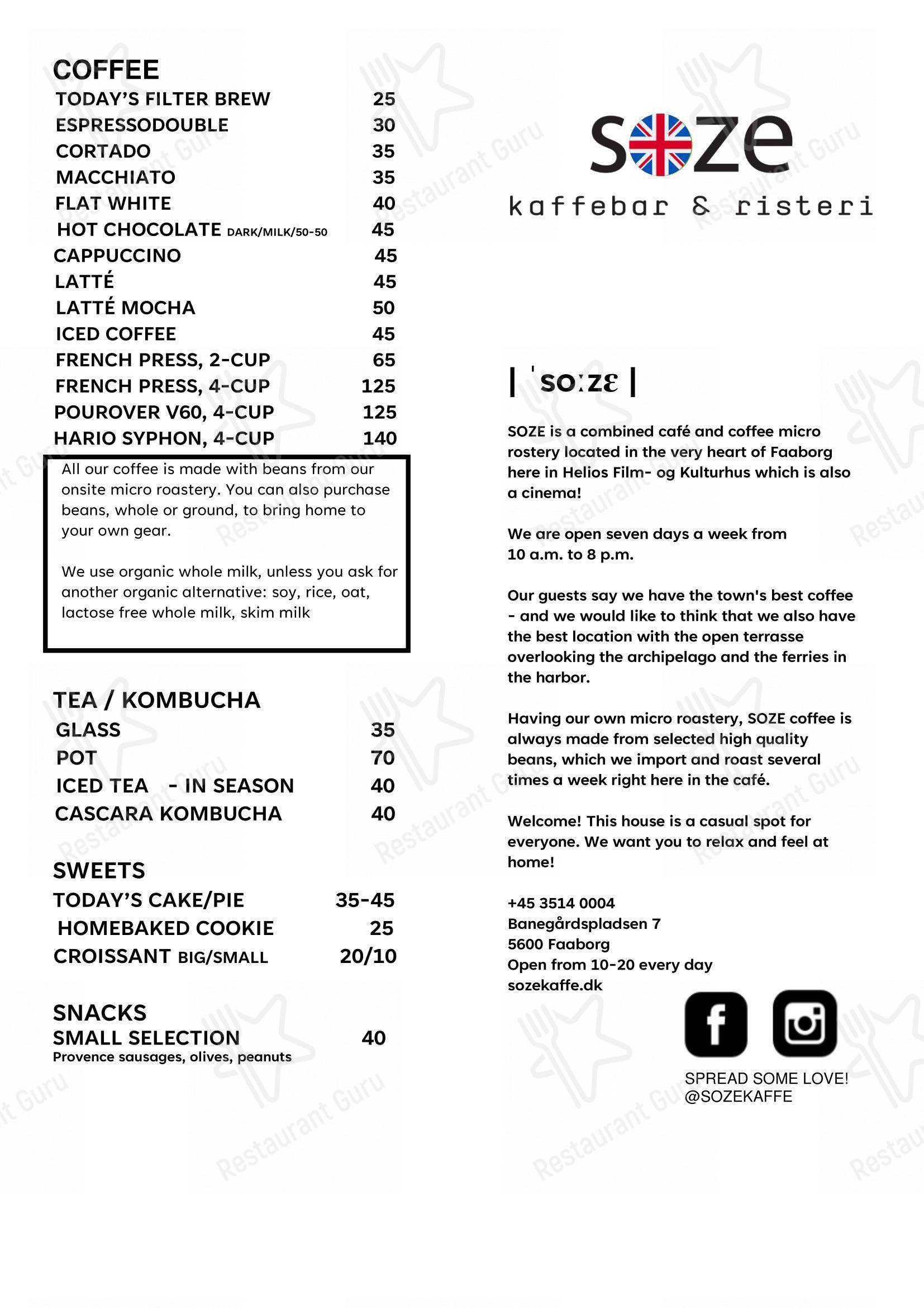菜单 кафе SOZE Kaffebar & Risteri