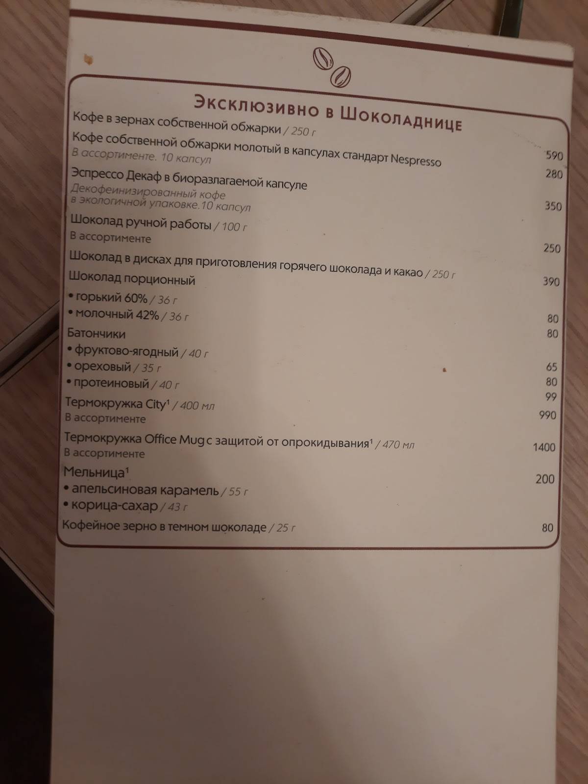 Шоколадница меню