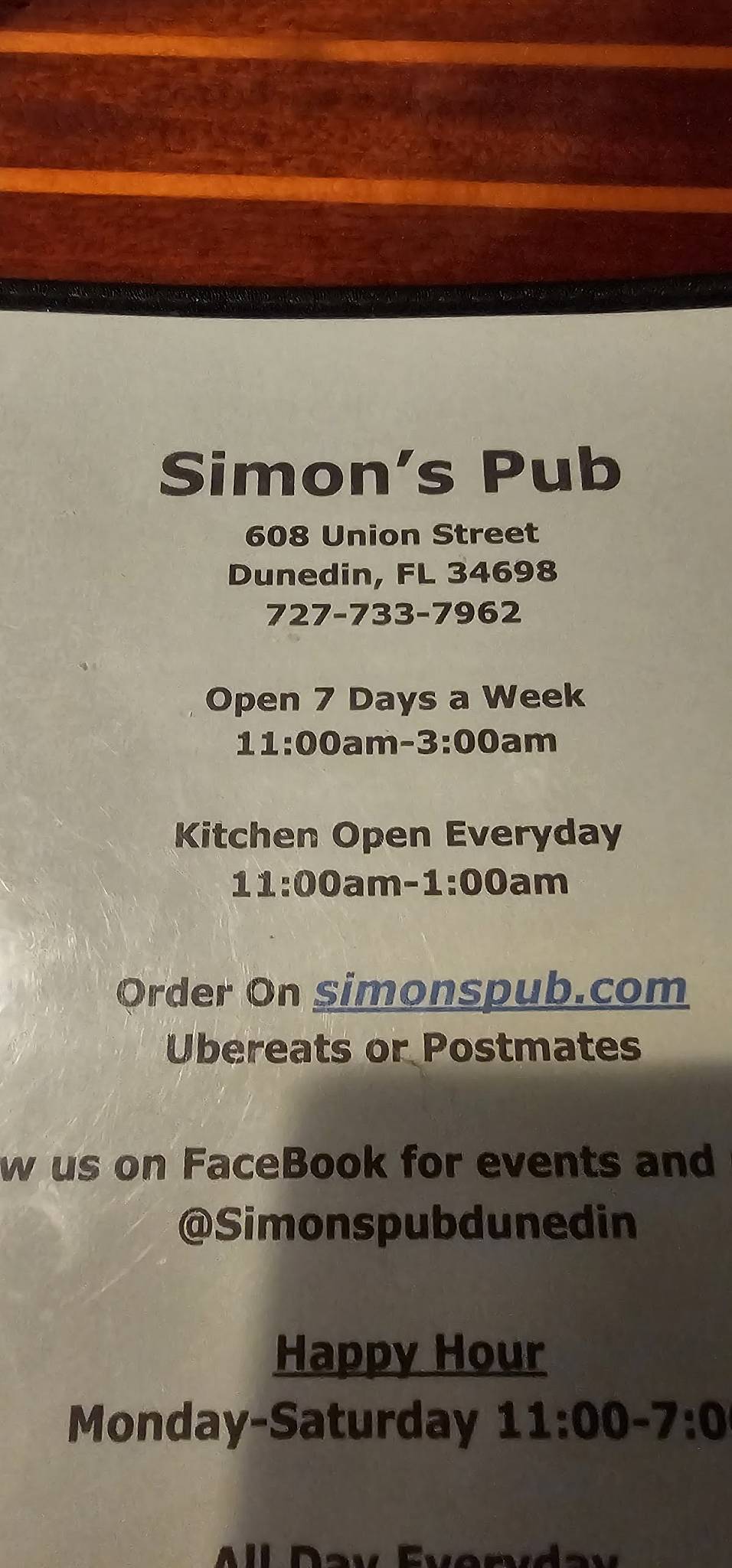 Simon's Pub меню