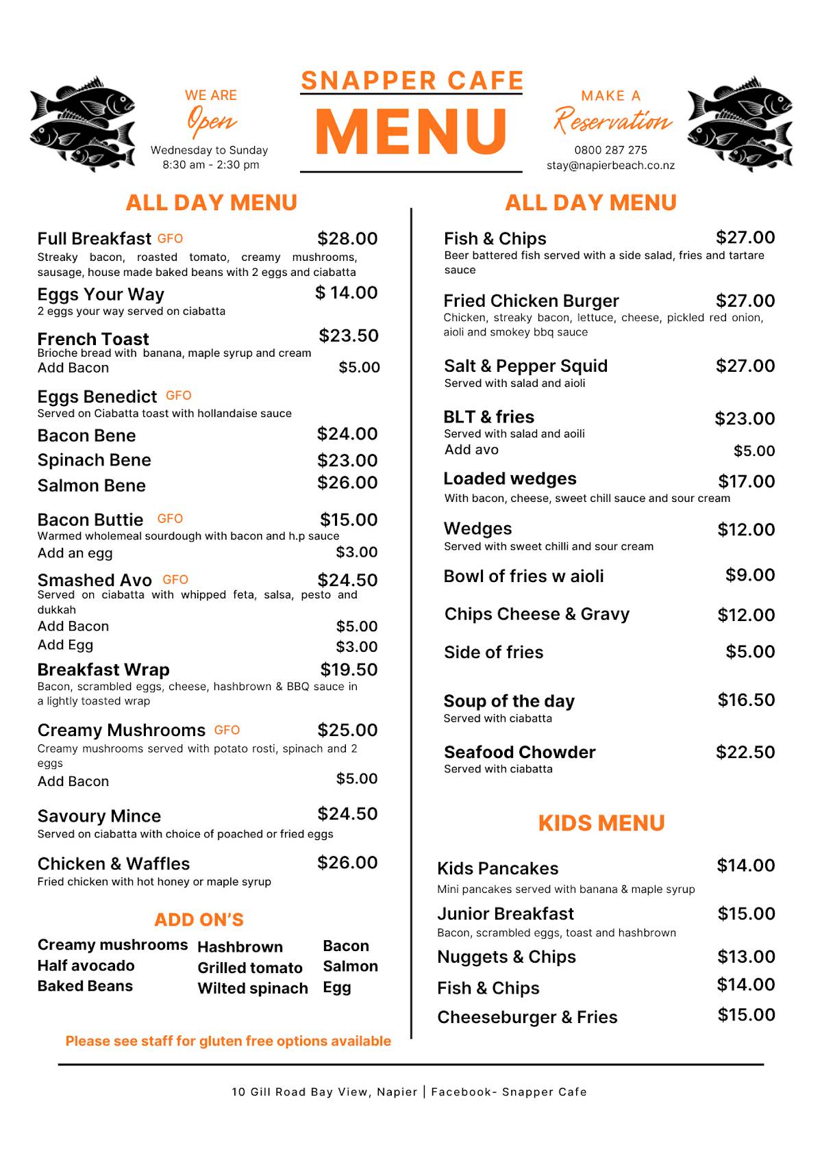 Snapper Cafe меню