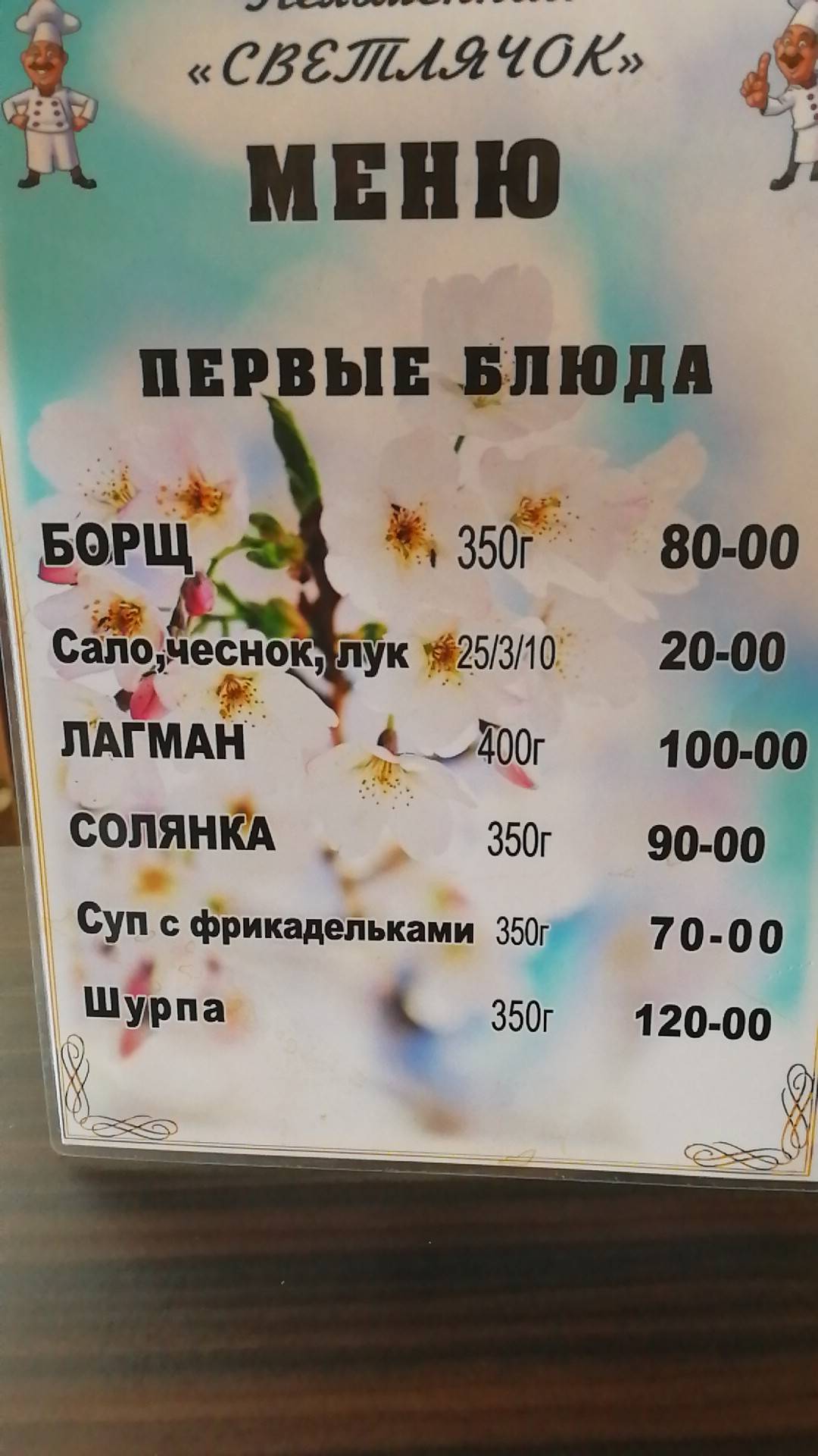Светлячок меню