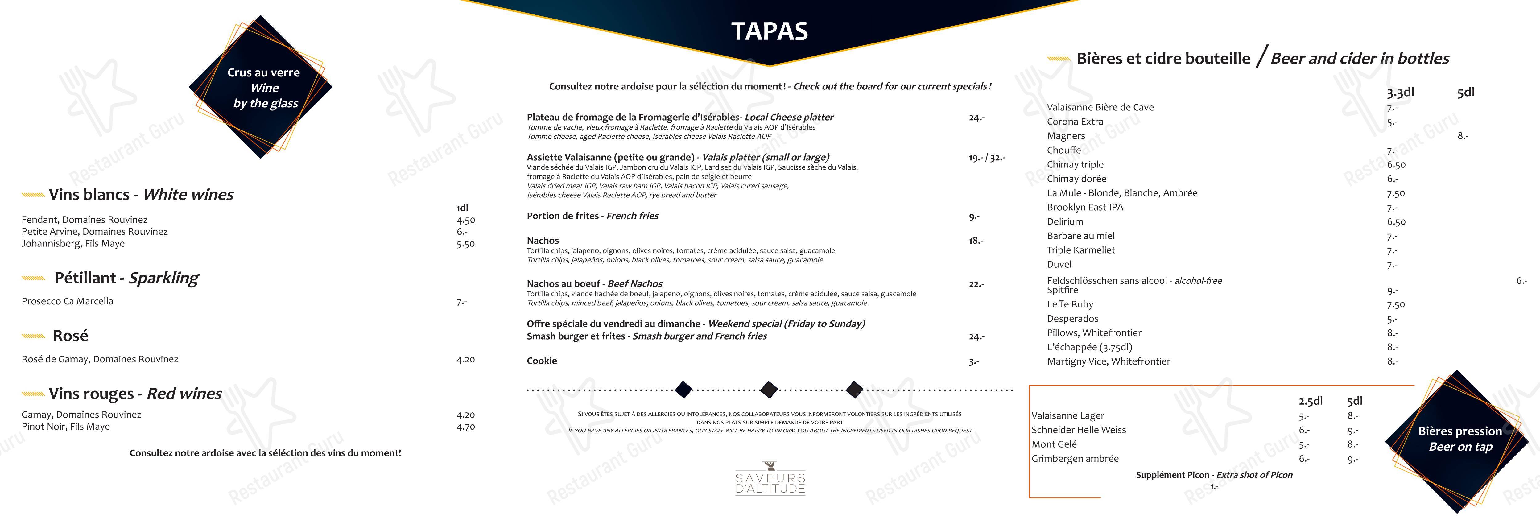Меню паба и бара T-Bar в Ридде