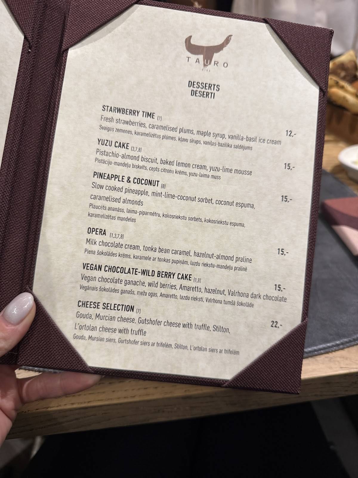 TAURO Restaurant меню