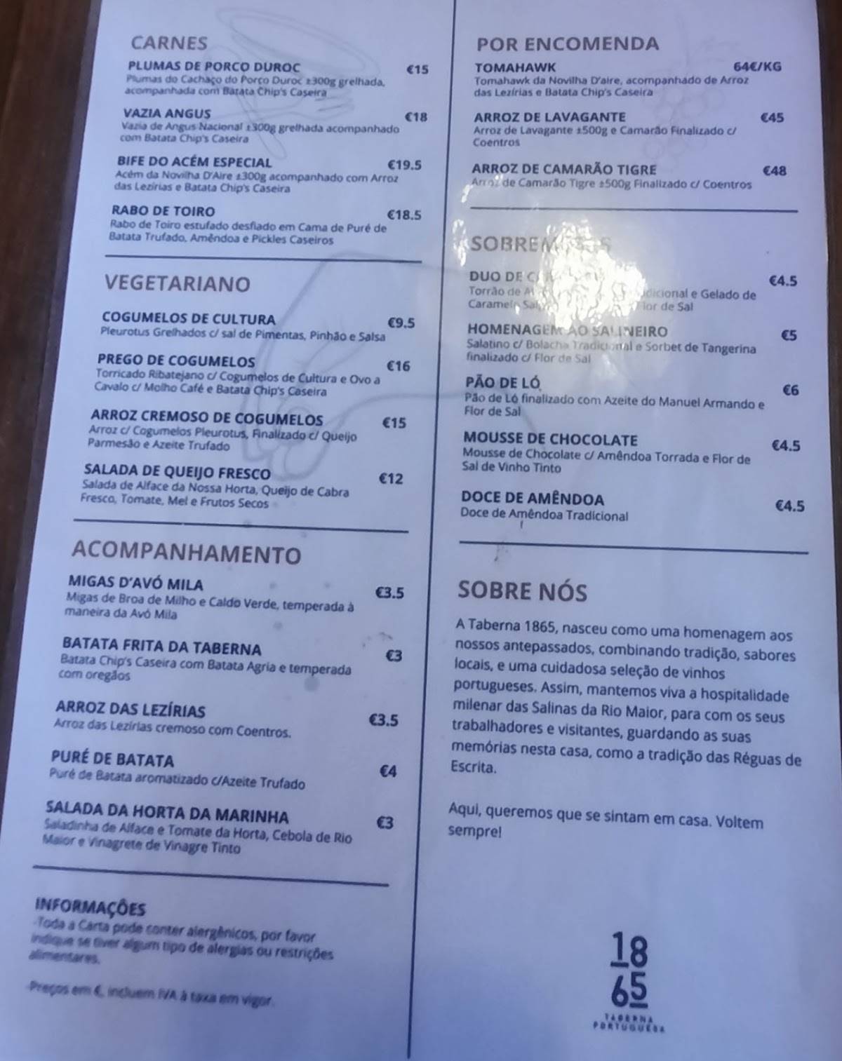Taberna 1865 меню