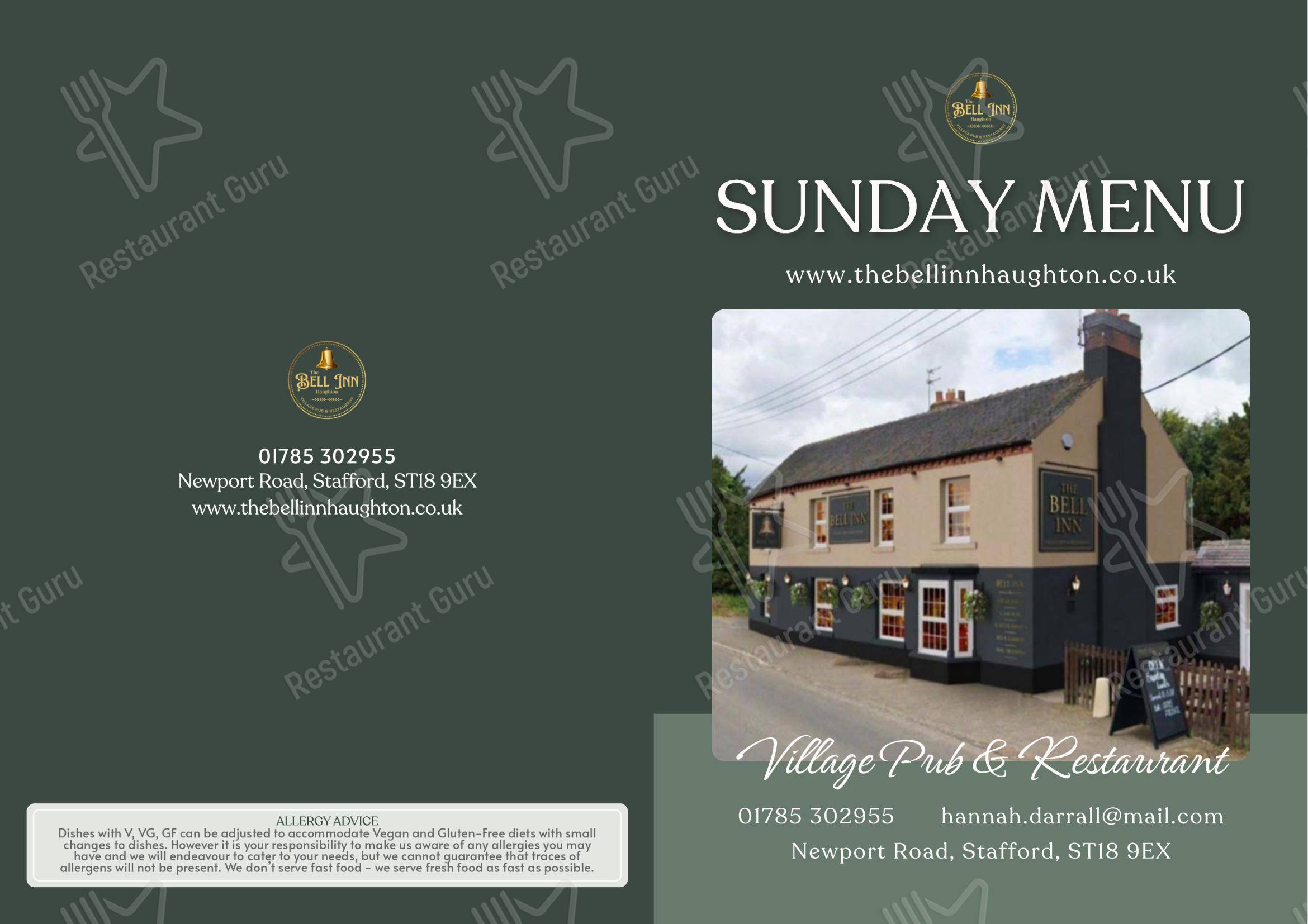 Коктейльная карта паба и бара The Bell Inn в Стаффорде