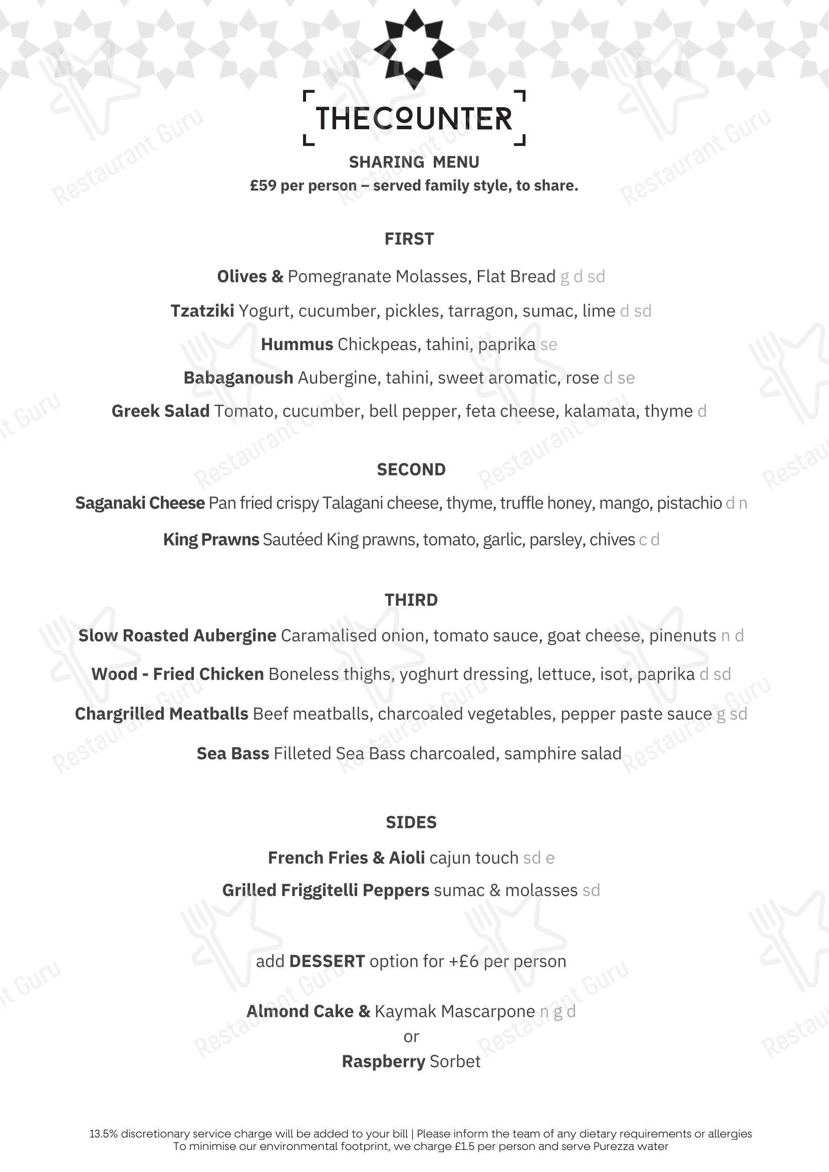 Lunch Menu ресторана The Counter в Лондоне