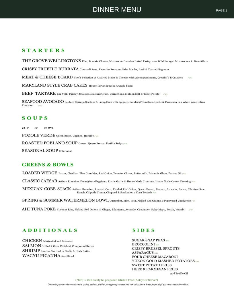 The Grove Kitchen & Gardens меню