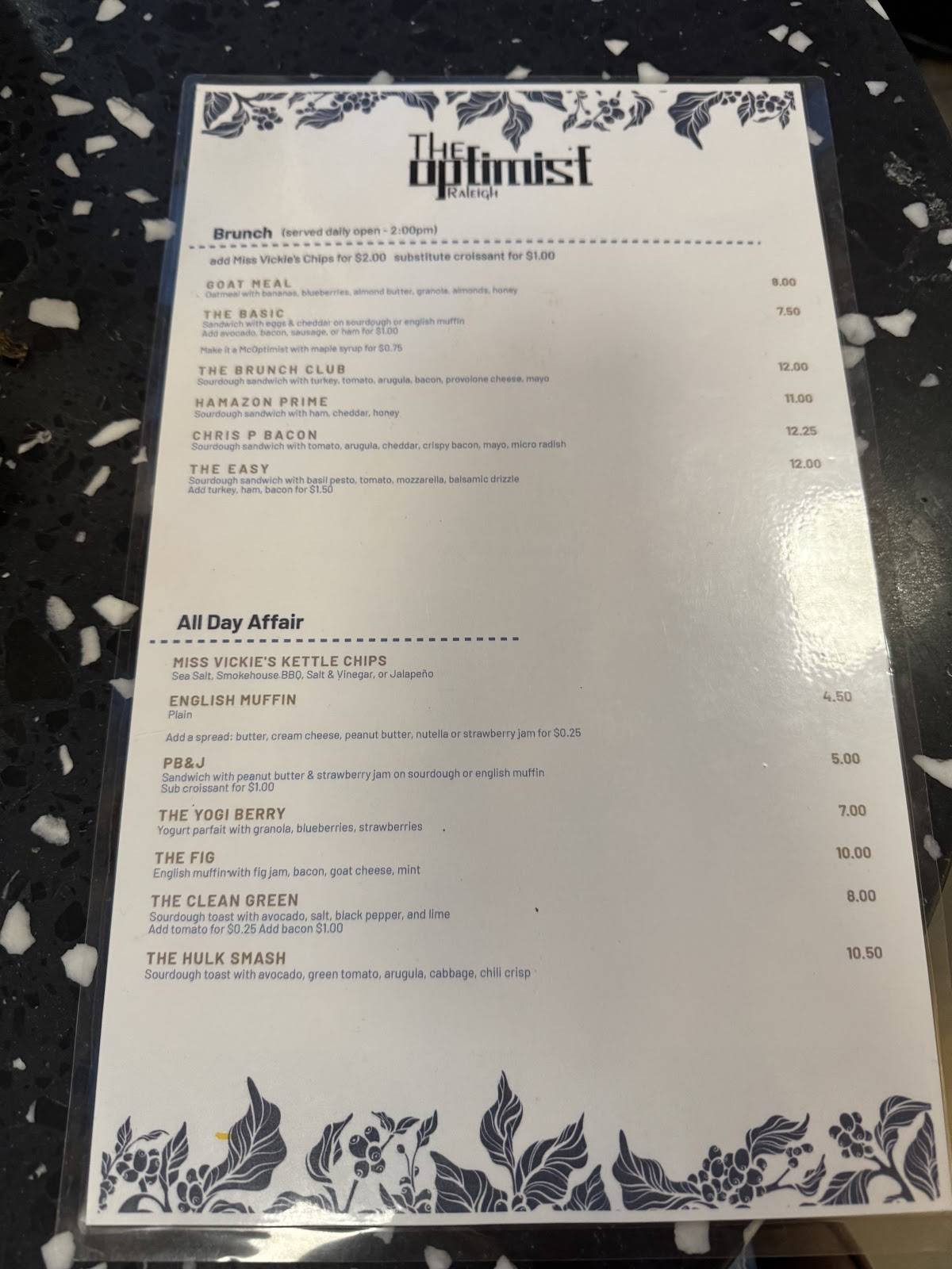 The Optimist Raleigh меню