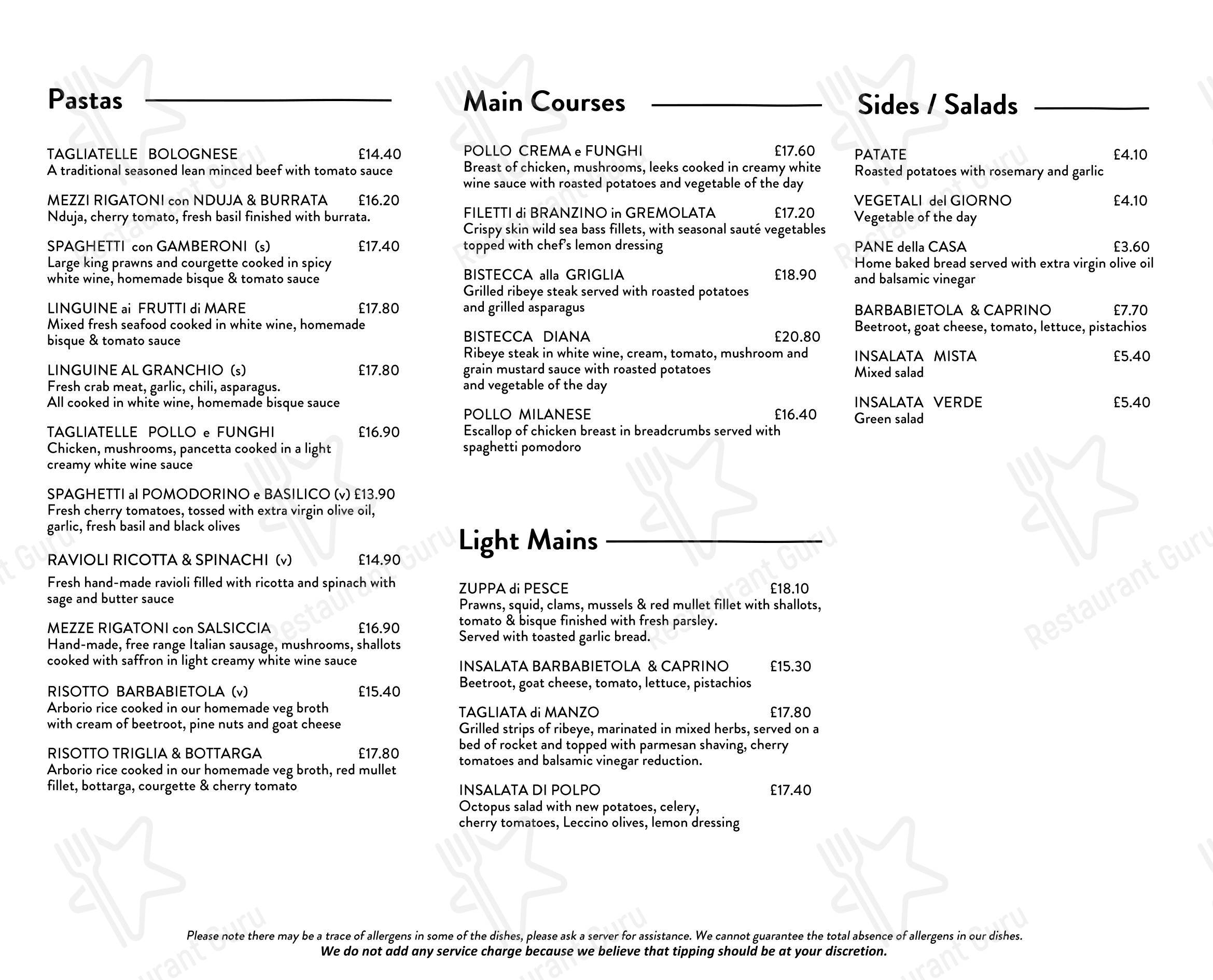 Tomo Italian Kitchen в Лондоне - Меню