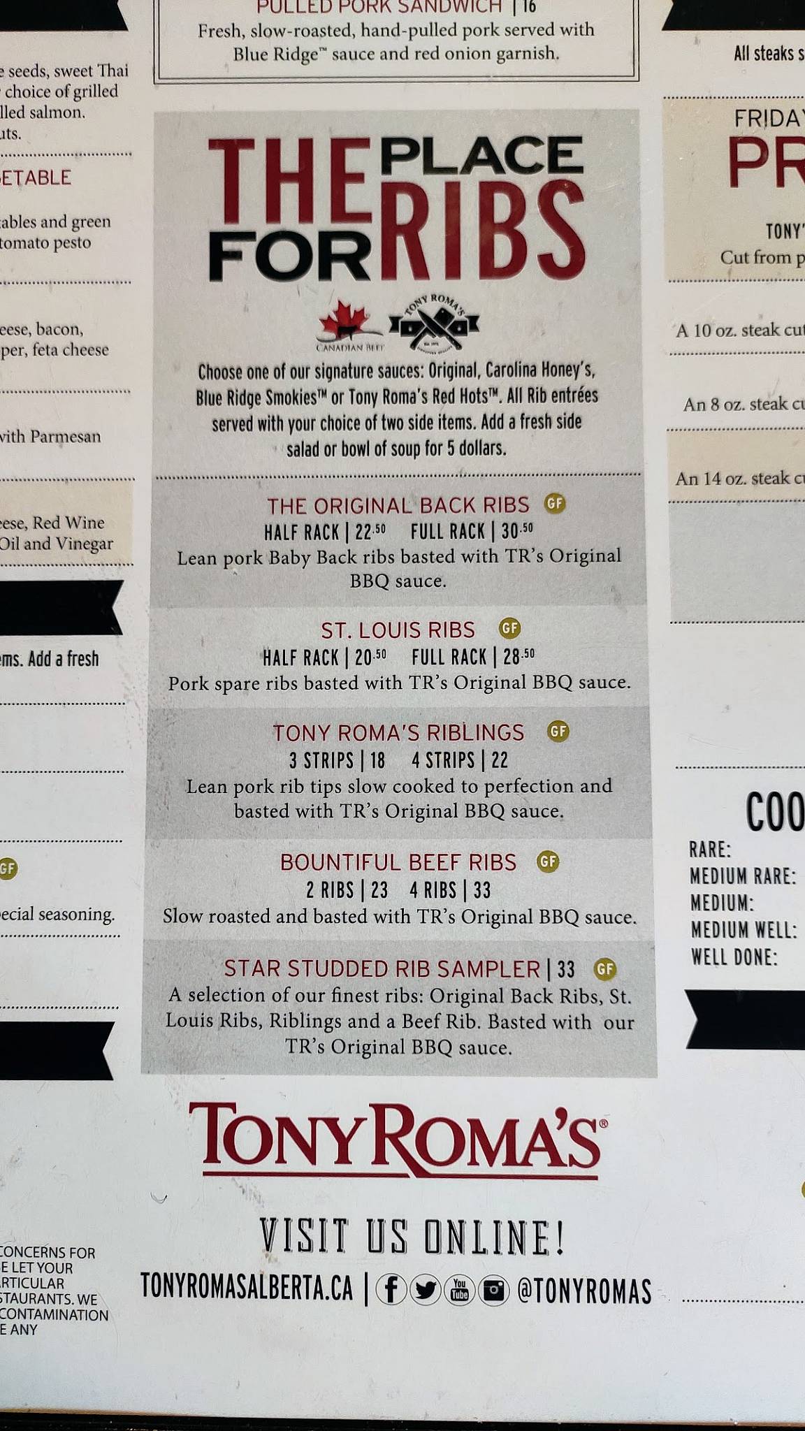 Tony Roma's меню