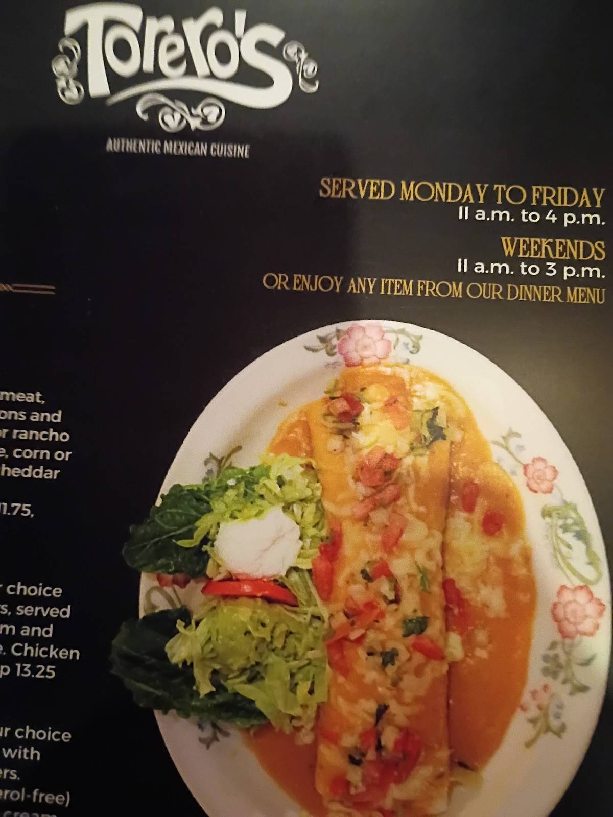 Torero's Authentic Mexican Cuisine меню