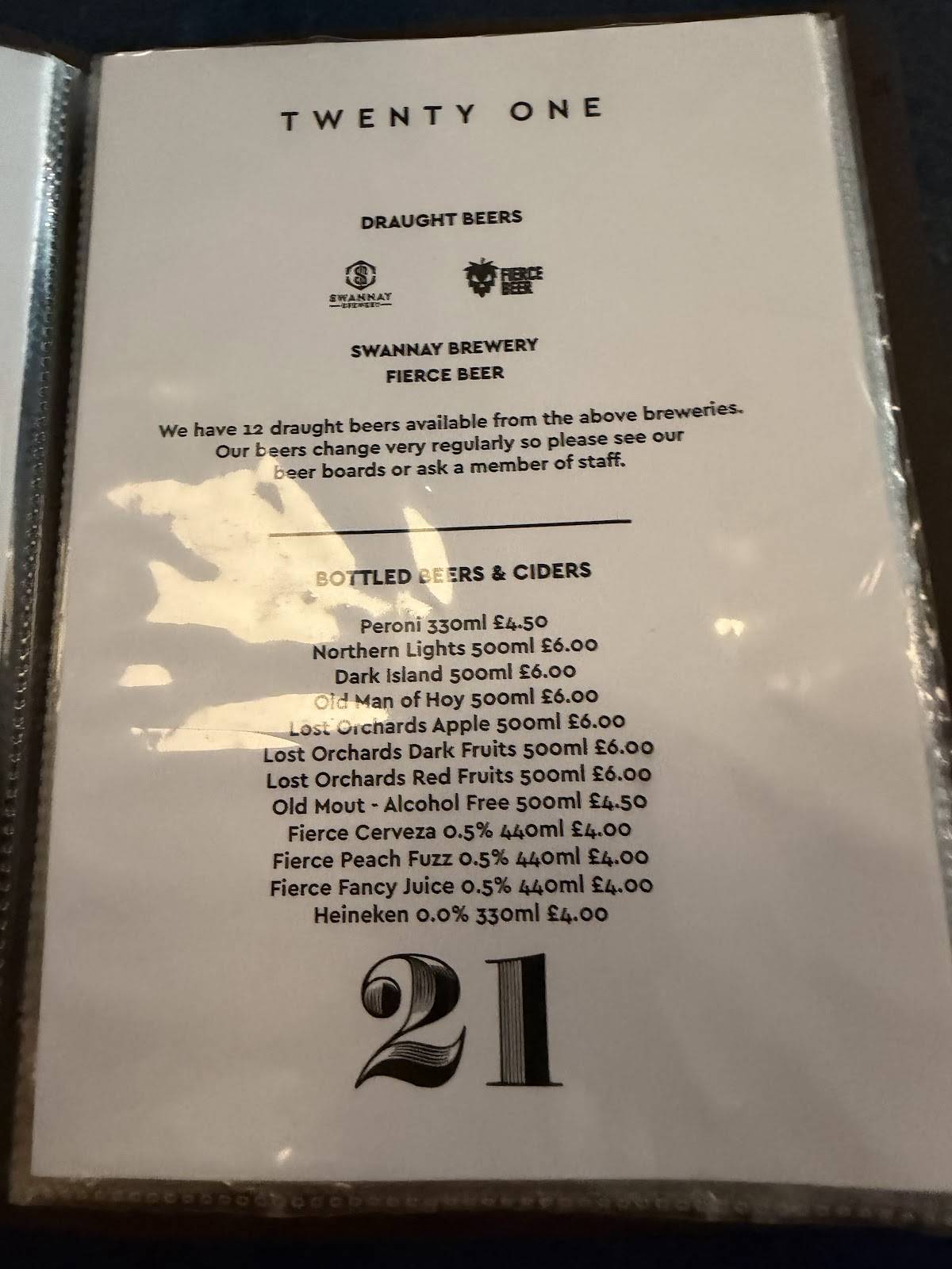 Twenty One меню