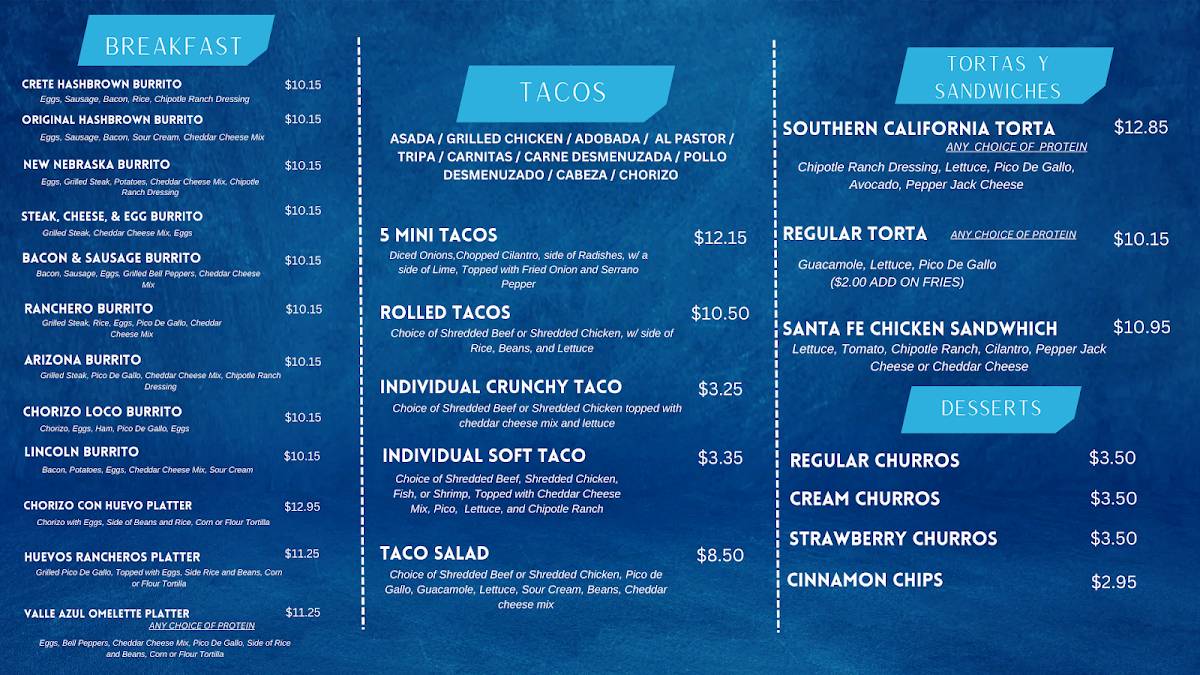 Valle Azul Mexican Restaurant меню