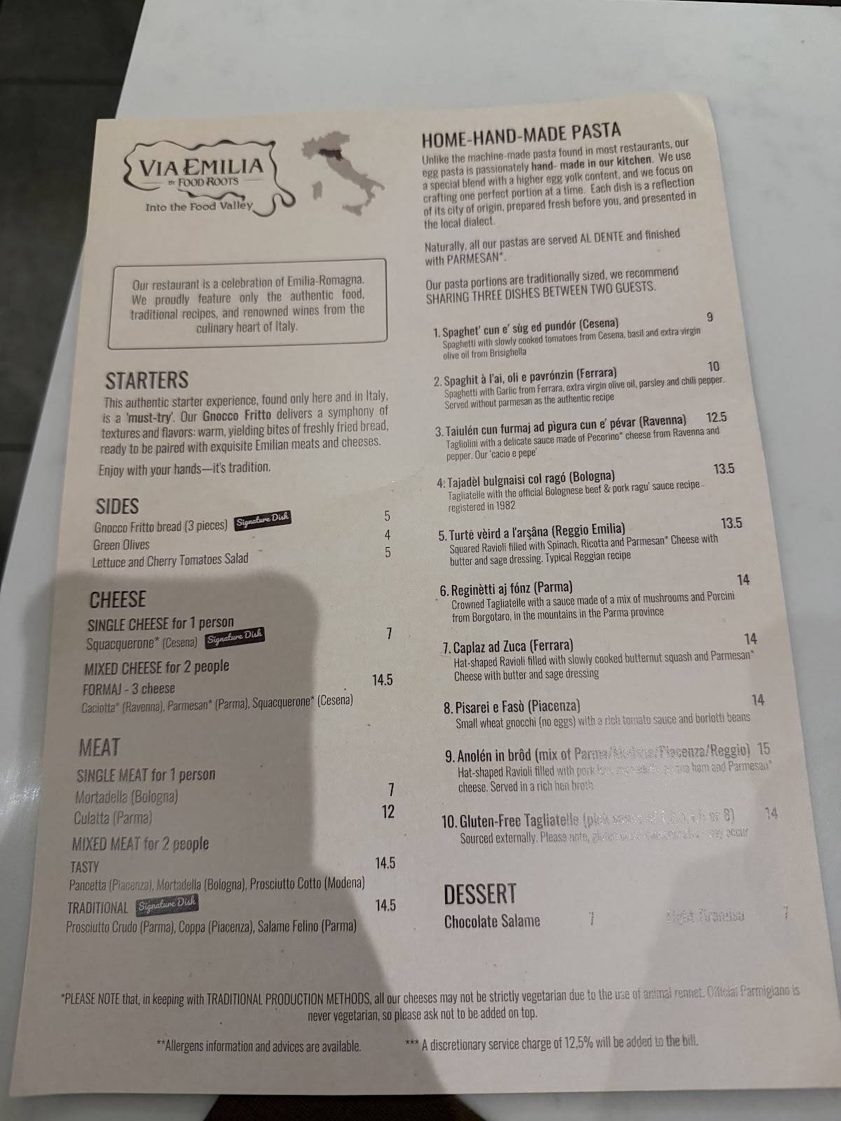 Via Emilia by Food Roots - FITZROVIA меню