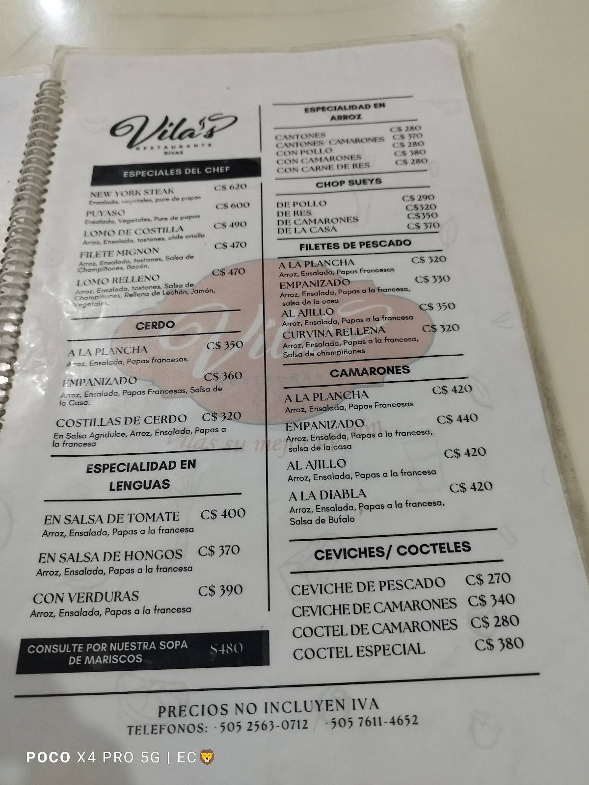 Vila's Restaurante, Rivas Nicaragua меню