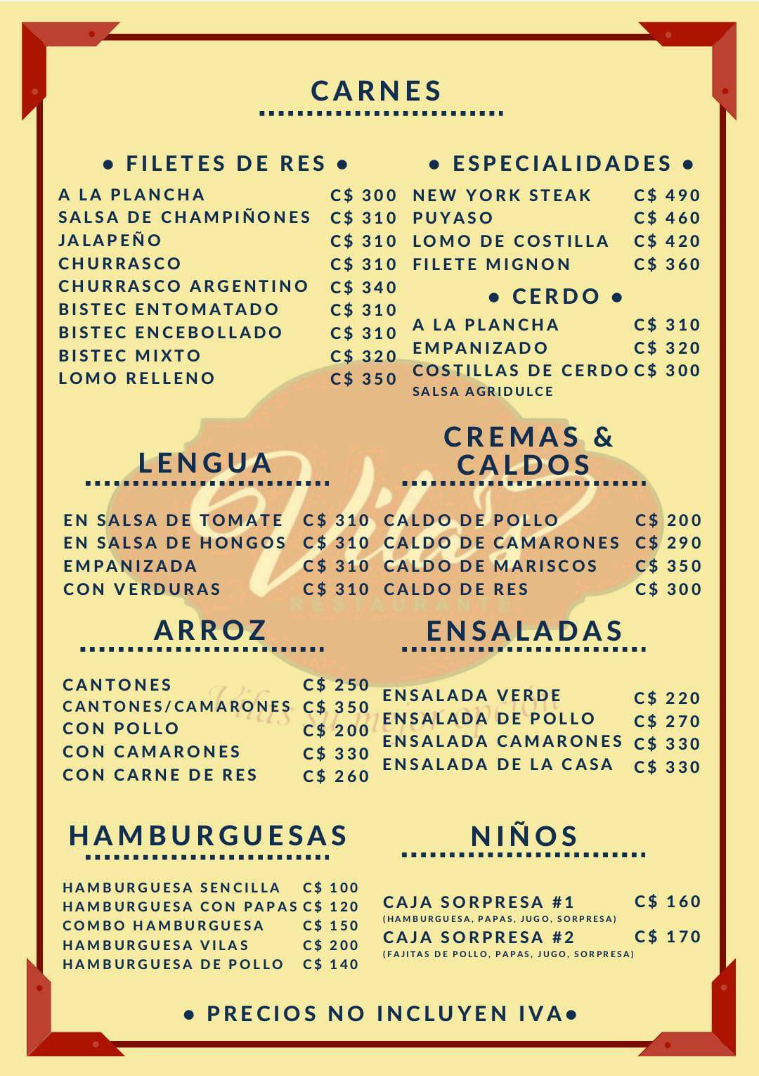 Vila's Restaurante, Rivas Nicaragua меню