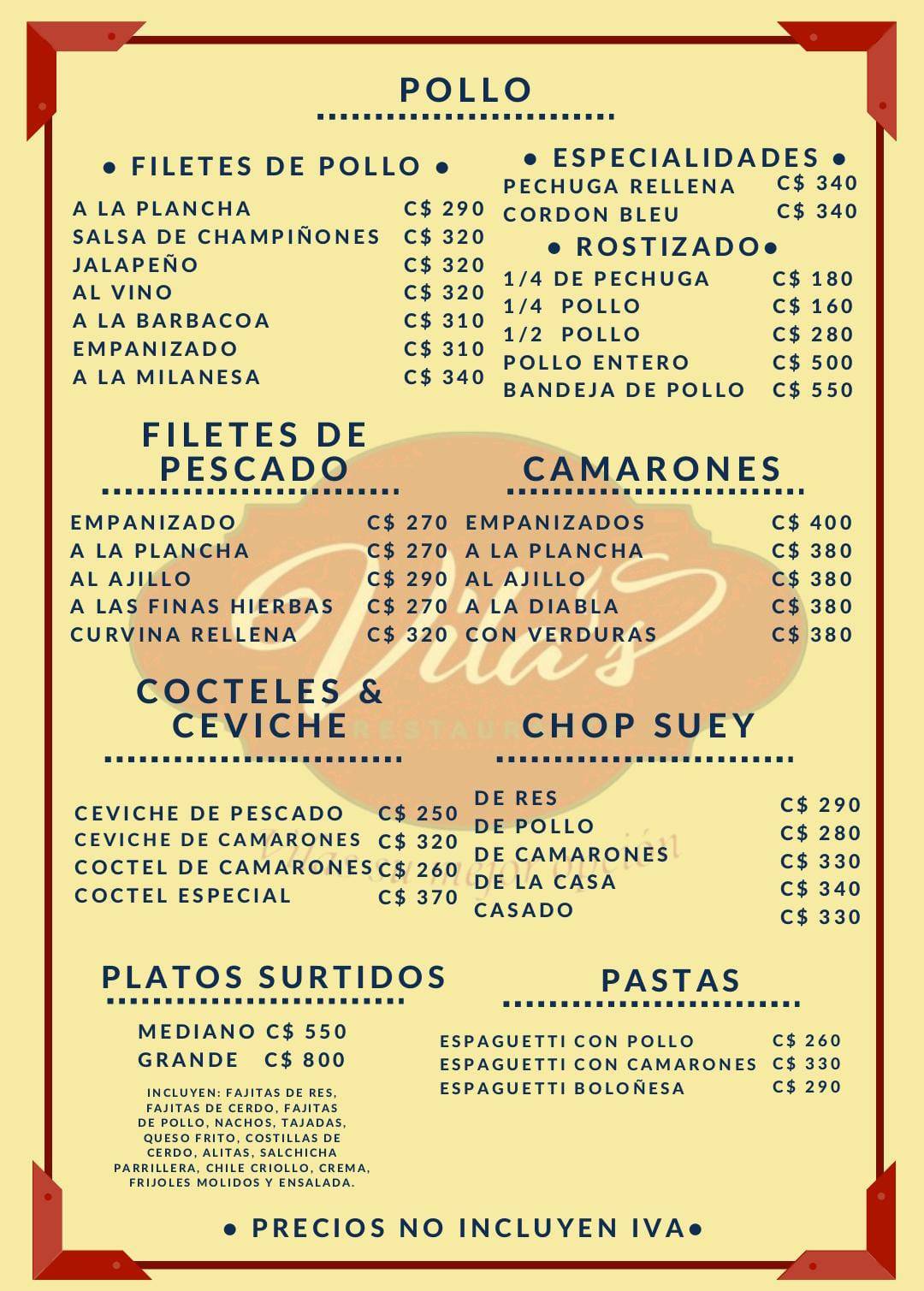 Vila's Restaurante, Rivas Nicaragua меню
