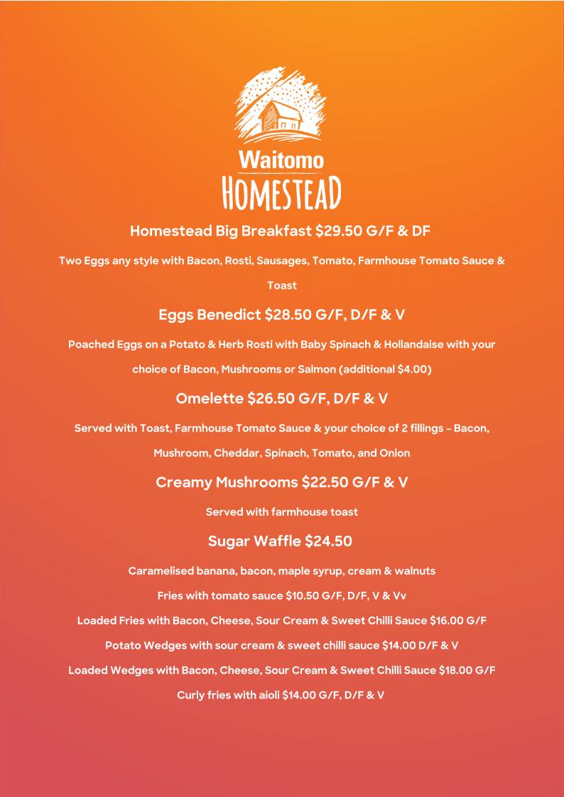 Waitomo Homestead меню