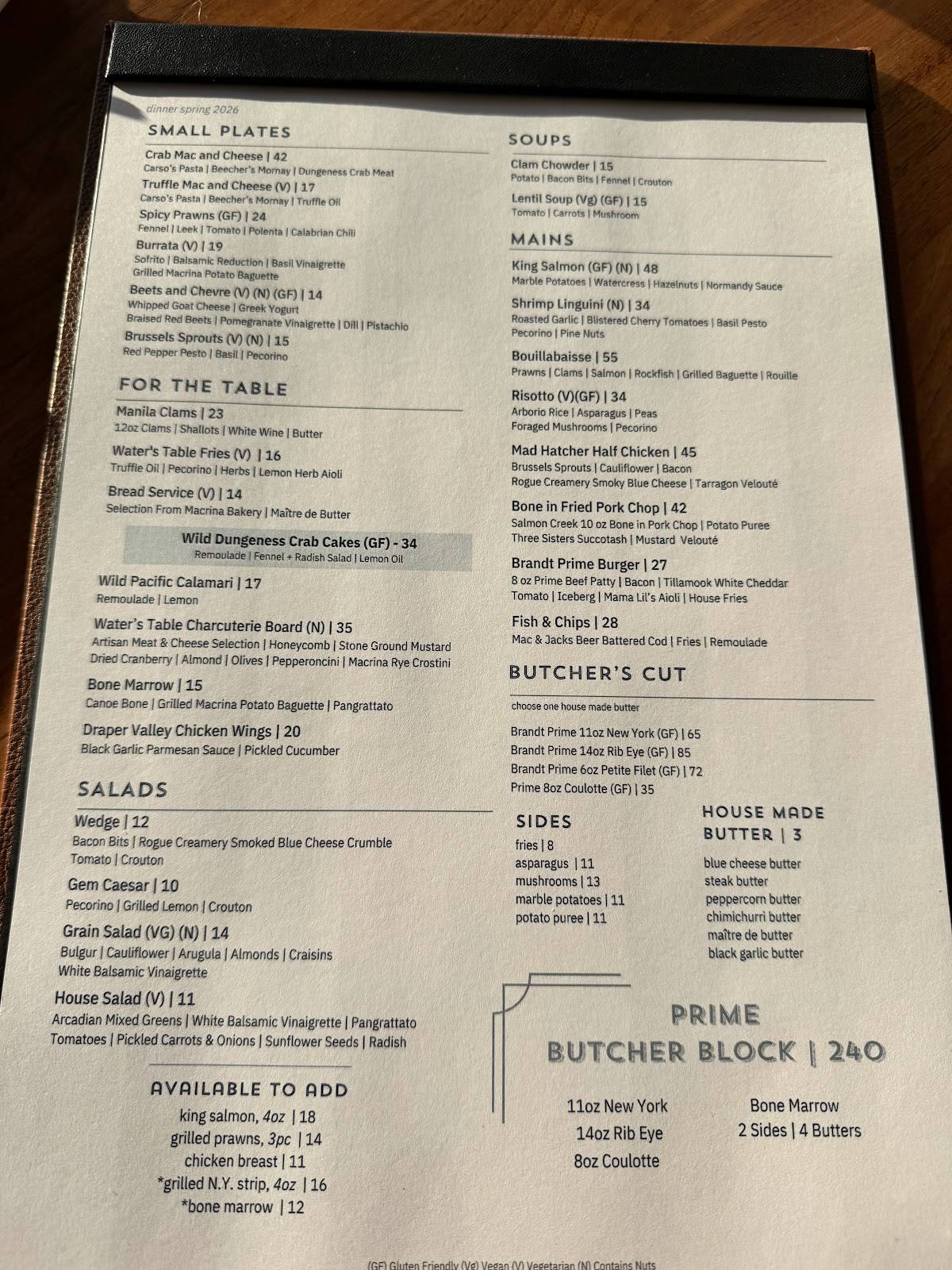 Water's Table-Renton Restaurant меню
