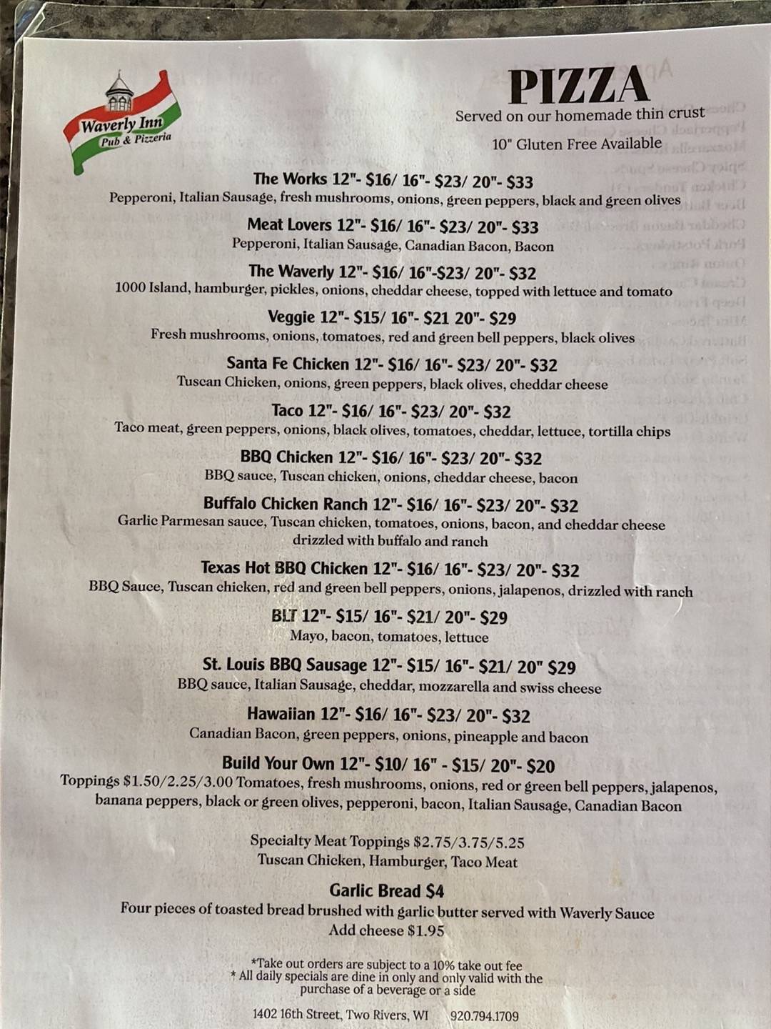 Waverly Inn Pub & Pizzeria меню