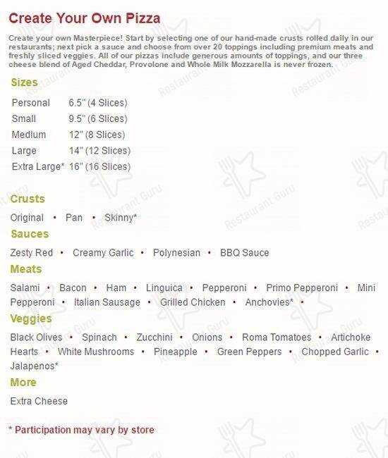 Round Table Pizza меню