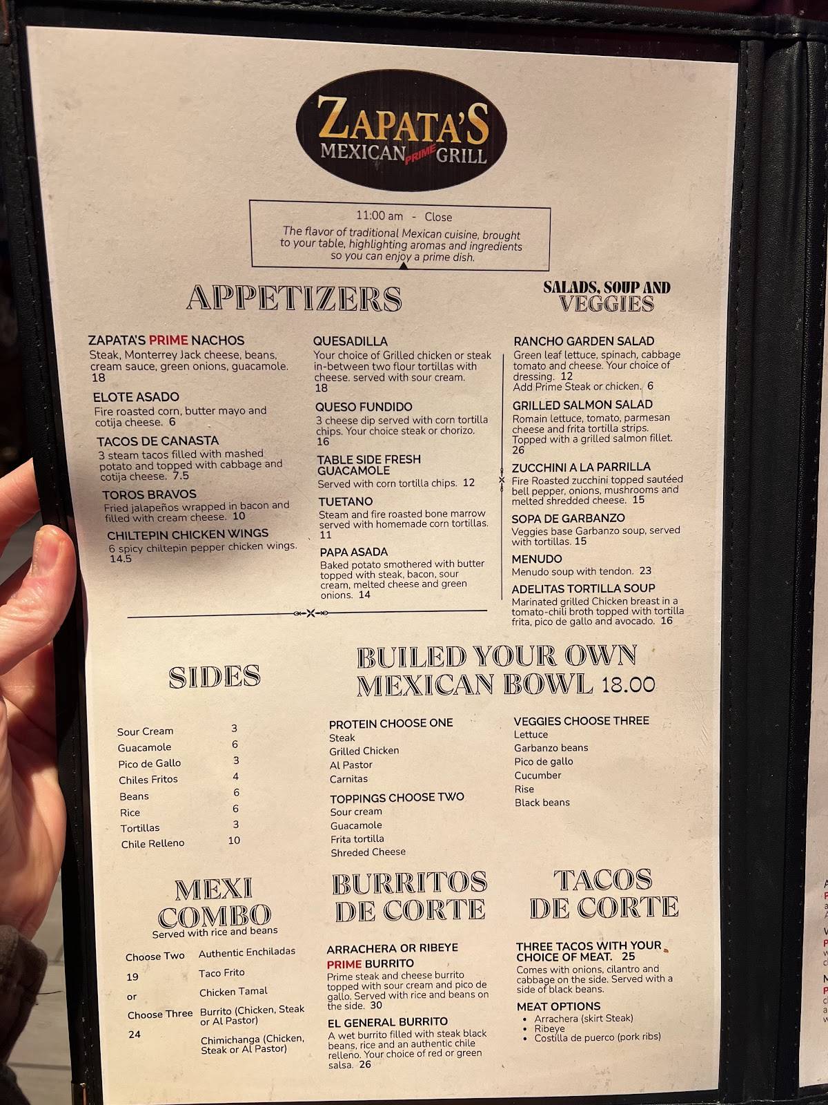 Zapata’s Mexican Prime Grill меню