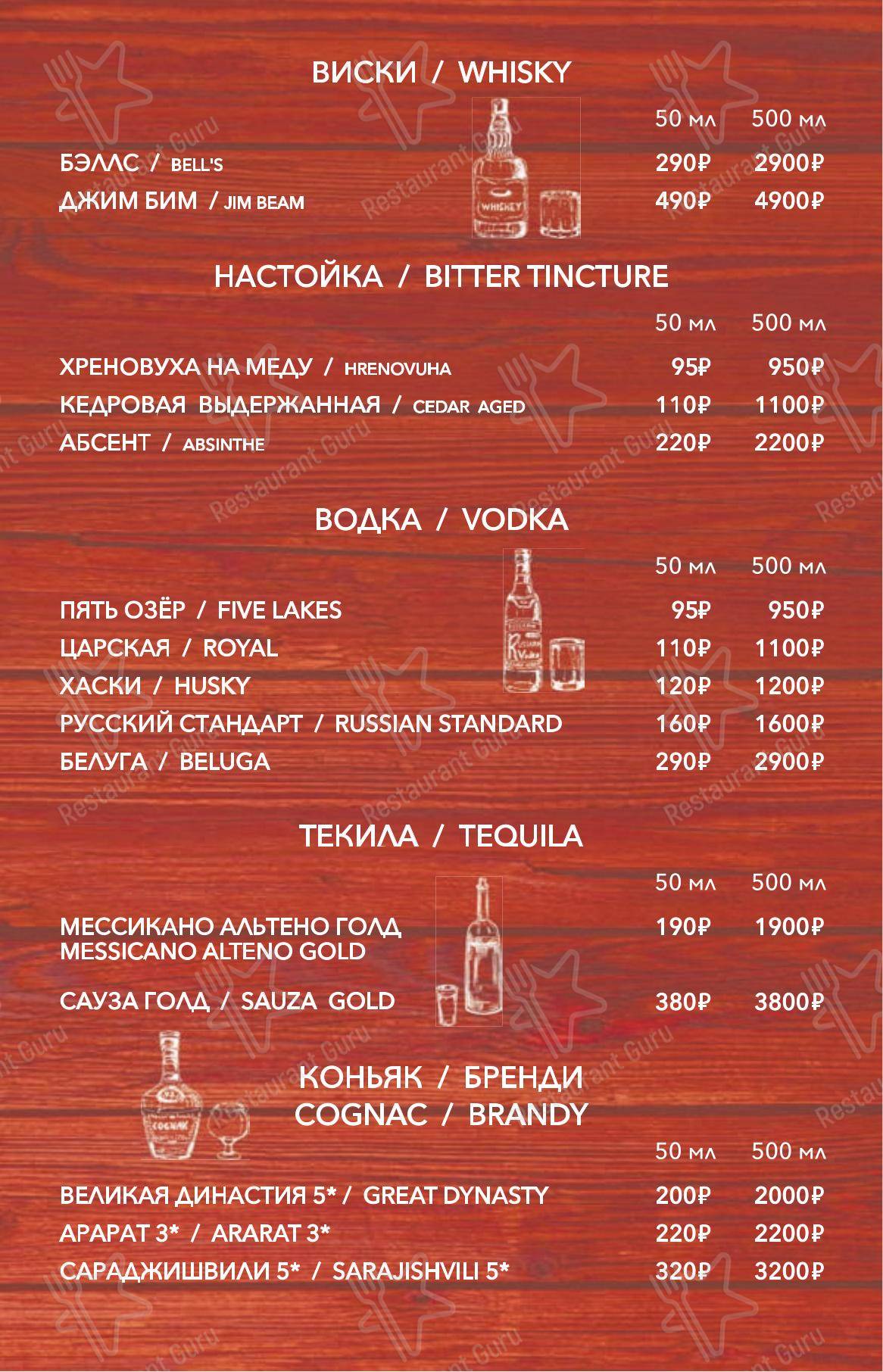 Меню напитков ресторана Бородино