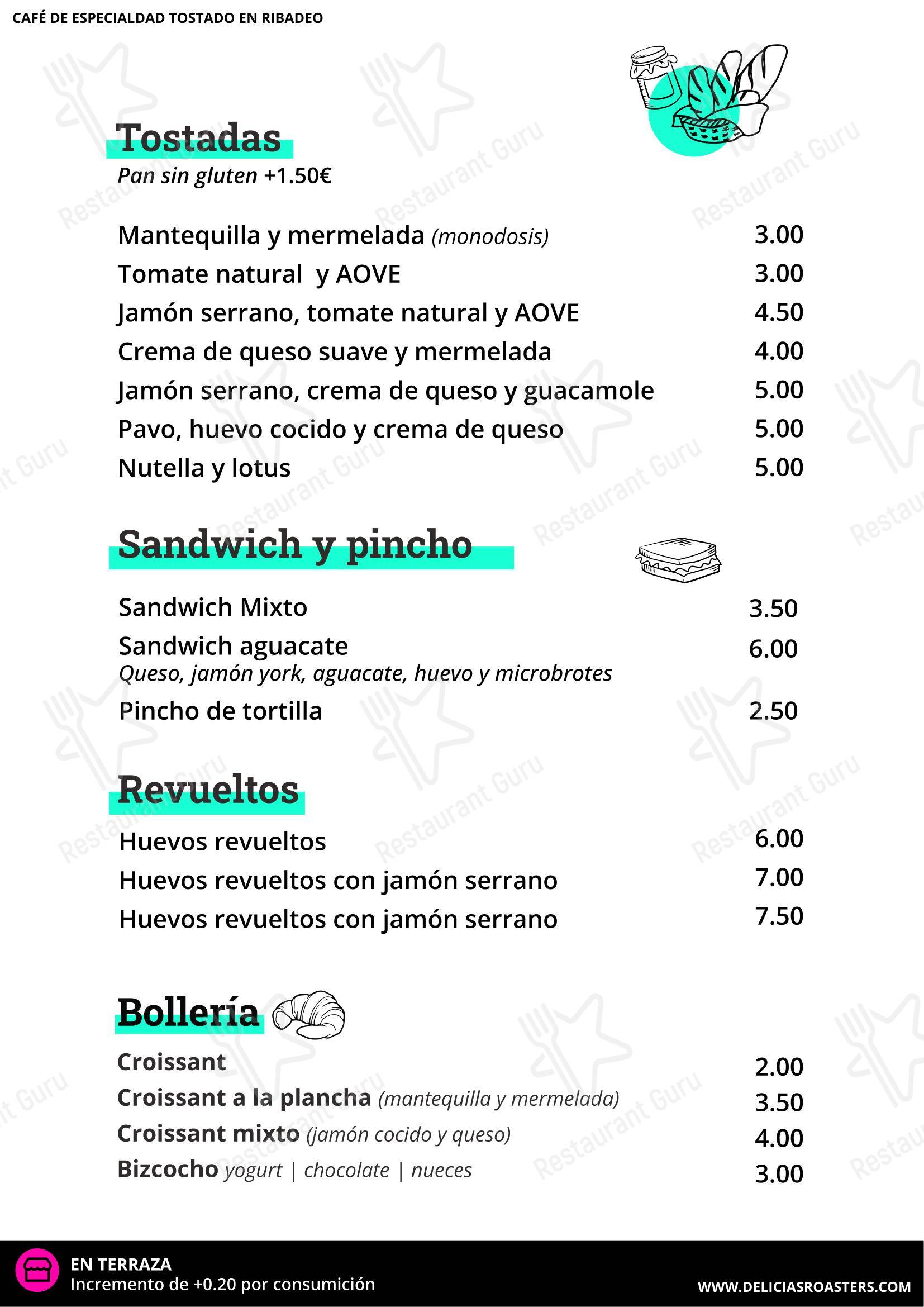 Меню напитков кафетерия Delicias Roasters в Рибадео