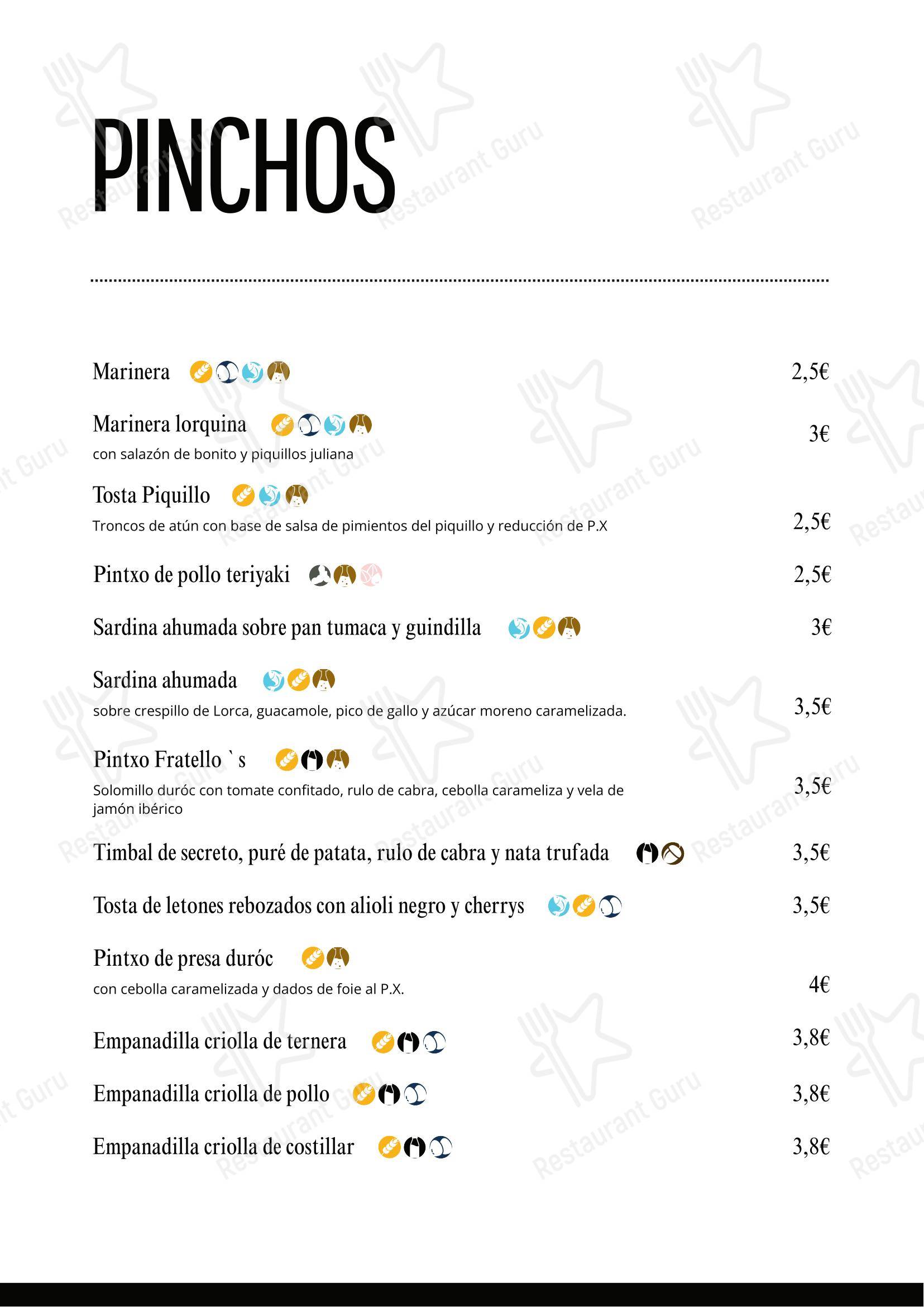 Меню паба и бара Fratello's Neotaberna в Лорке