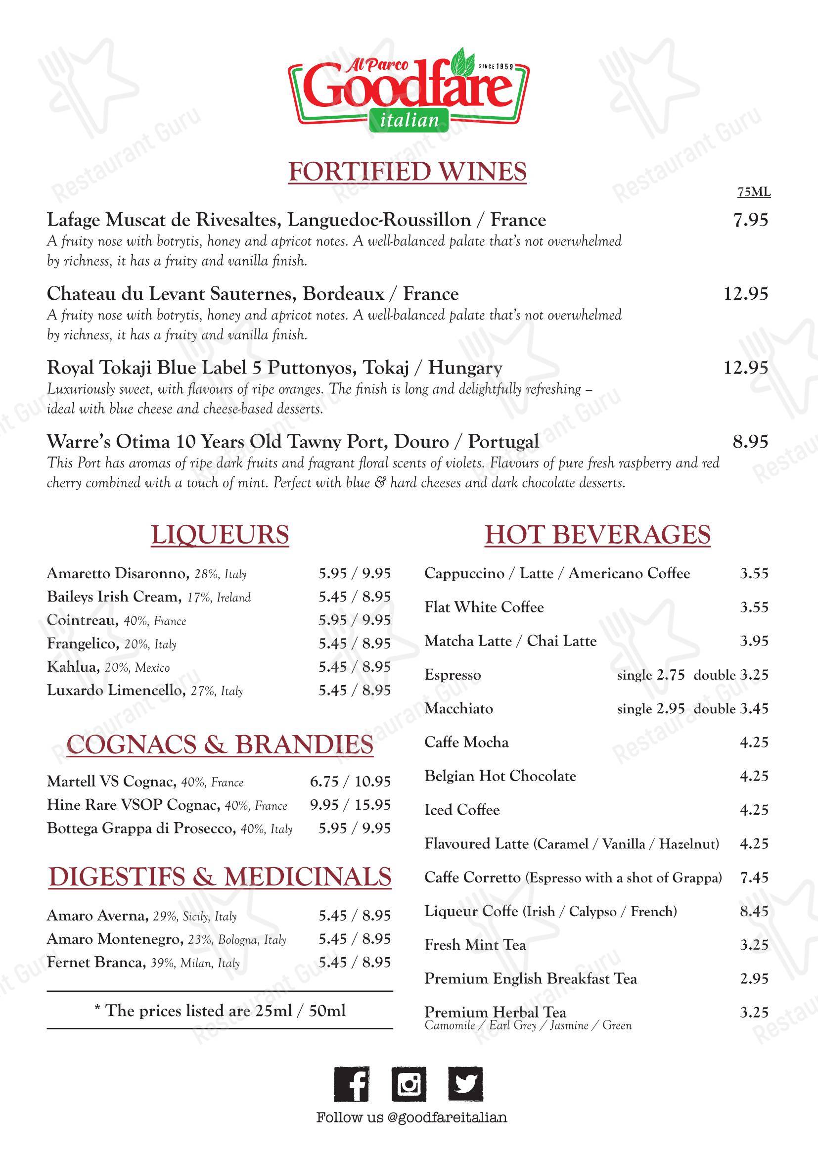 Goodfare Italian Restaurant в Лондоне - 菜单
