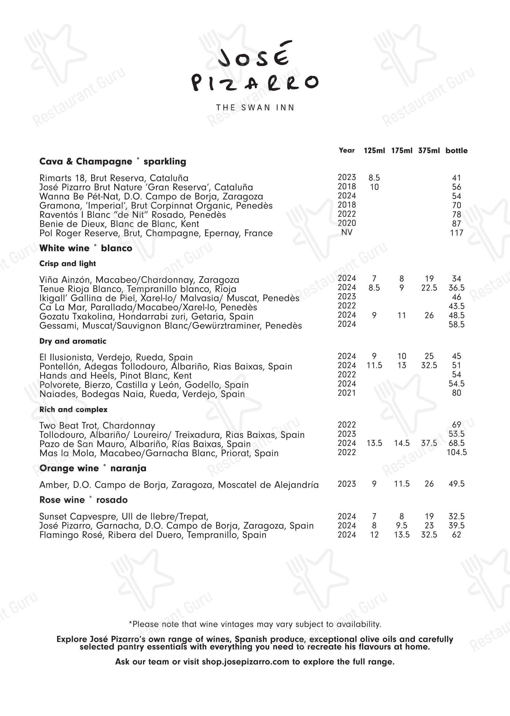 Catering Menu паба и бара José Pizarro The Swan Inn в Эшере