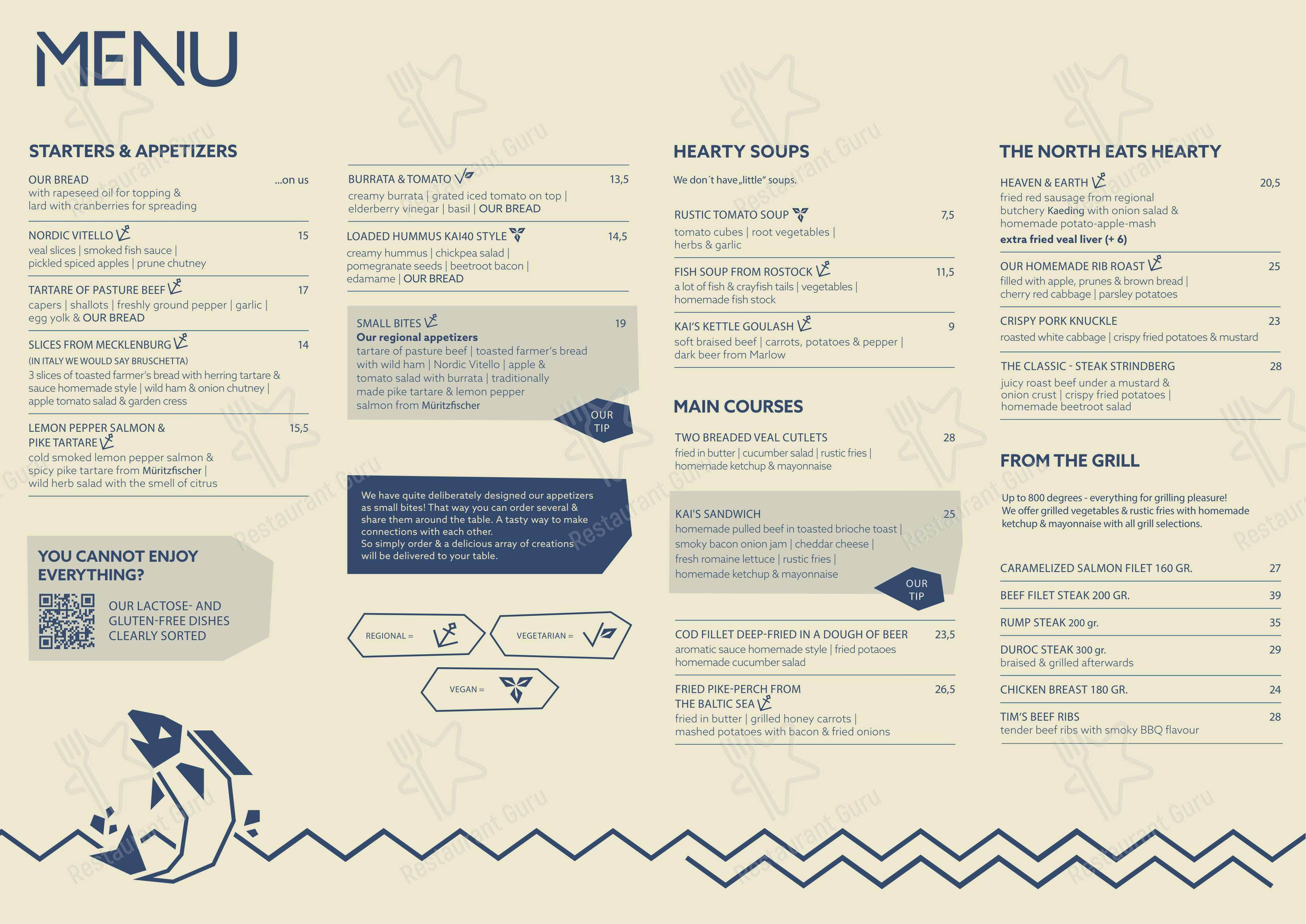 Меню паба и бара KAI40 Restaurant & Bar - Rostock - Dinner Menu