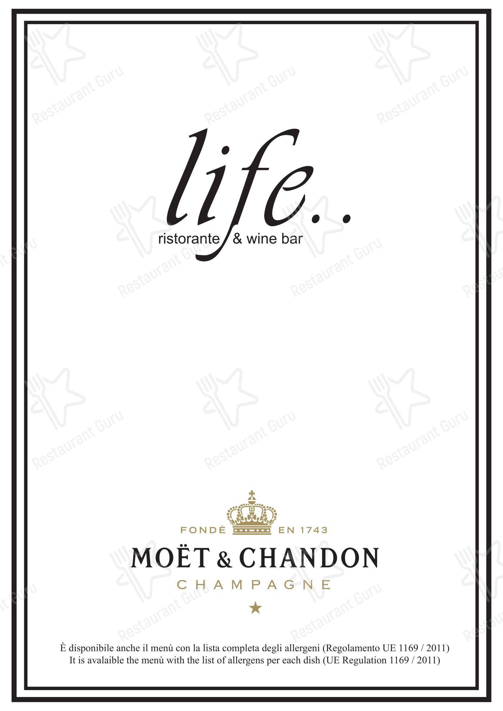 Меню ресторана Life в Риме