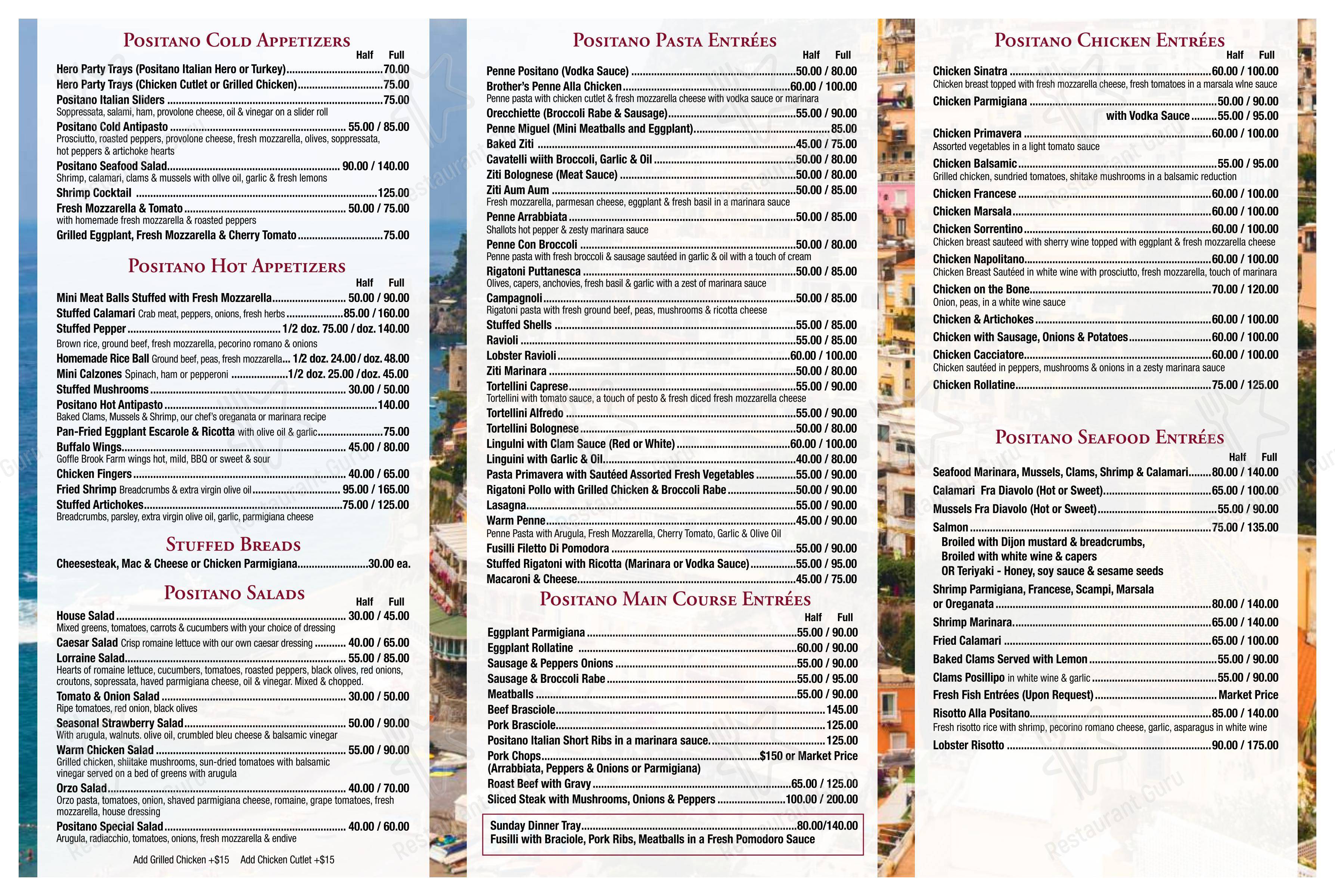 Основное меню пиццерии Positano Restaurant and pizzeria