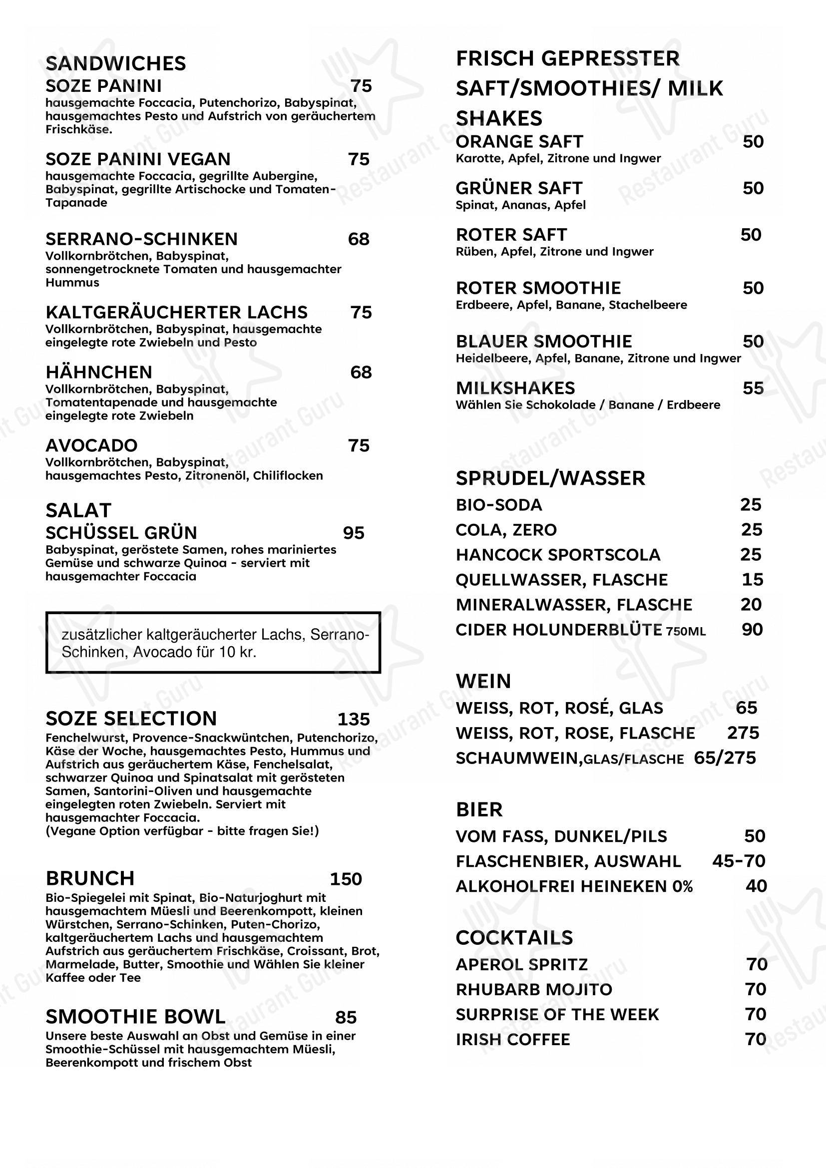 Меню кафе SOZE Kaffebar & Risteri - Основное меню