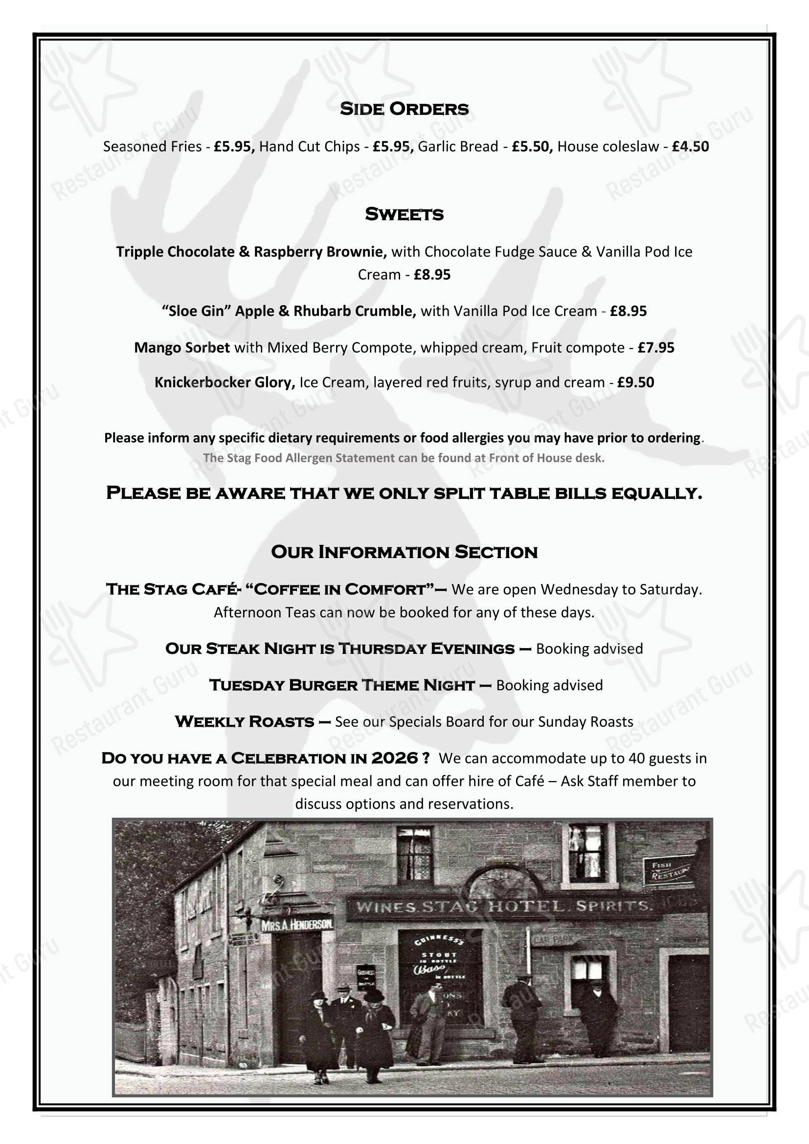 Dinner Menu ресторана The Stag в Форфаре