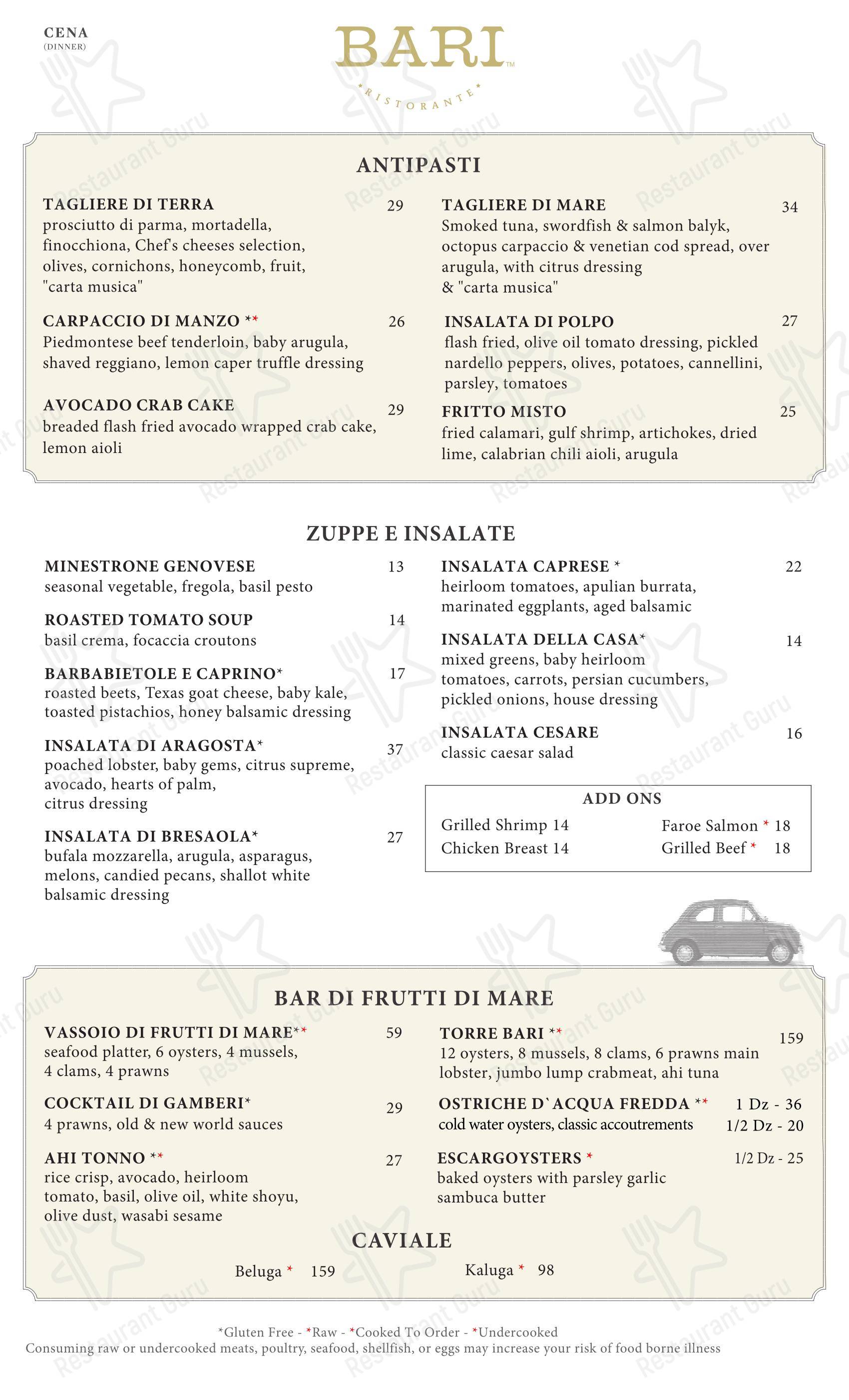 Меню паба и бара BARI Ristorante