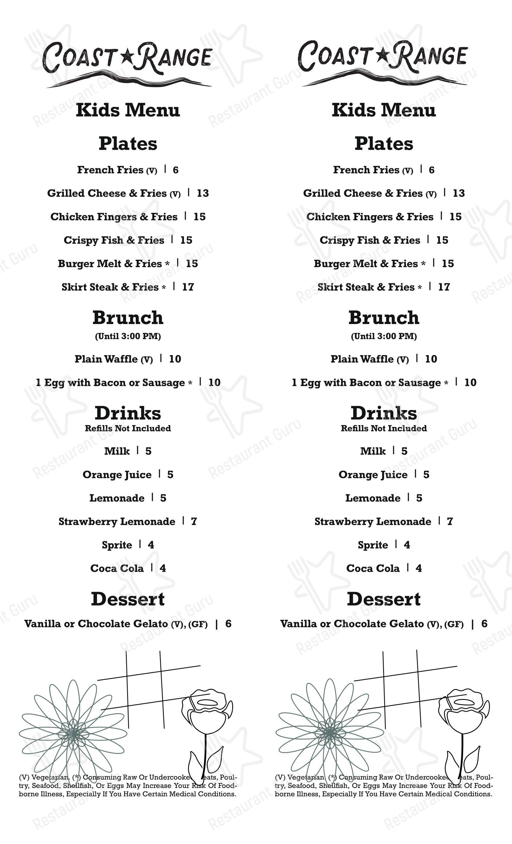 Меню паба и бара Coast Range - Takeaway Menu