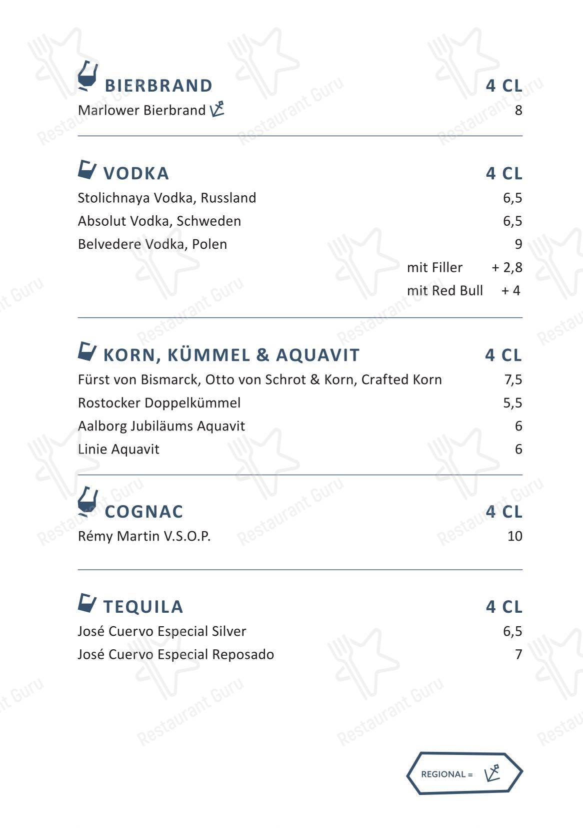 Основное меню паба и бара KAI40 Restaurant & Bar - Rostock в Ростоке