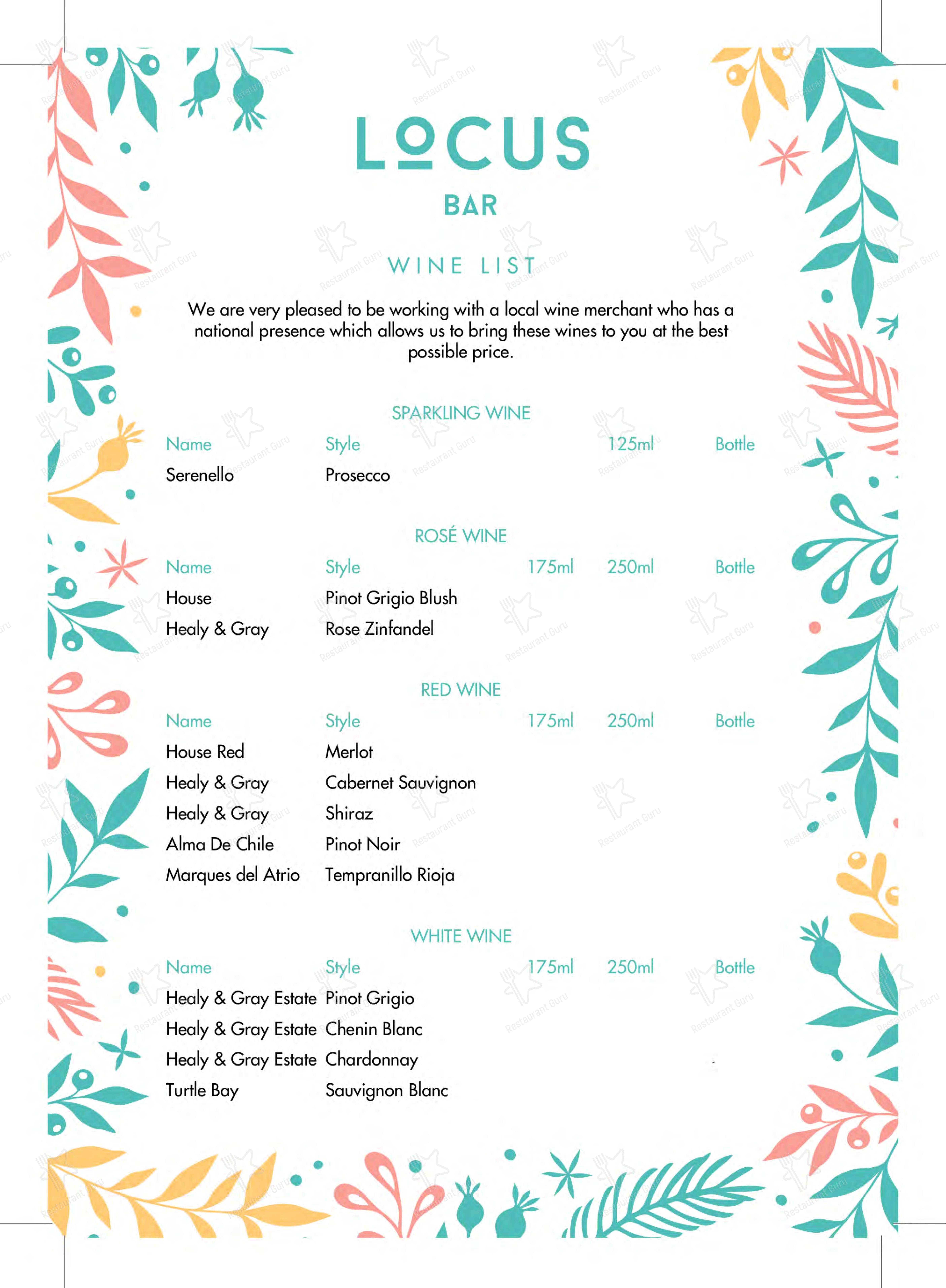Меню паба и бара Locus Bar