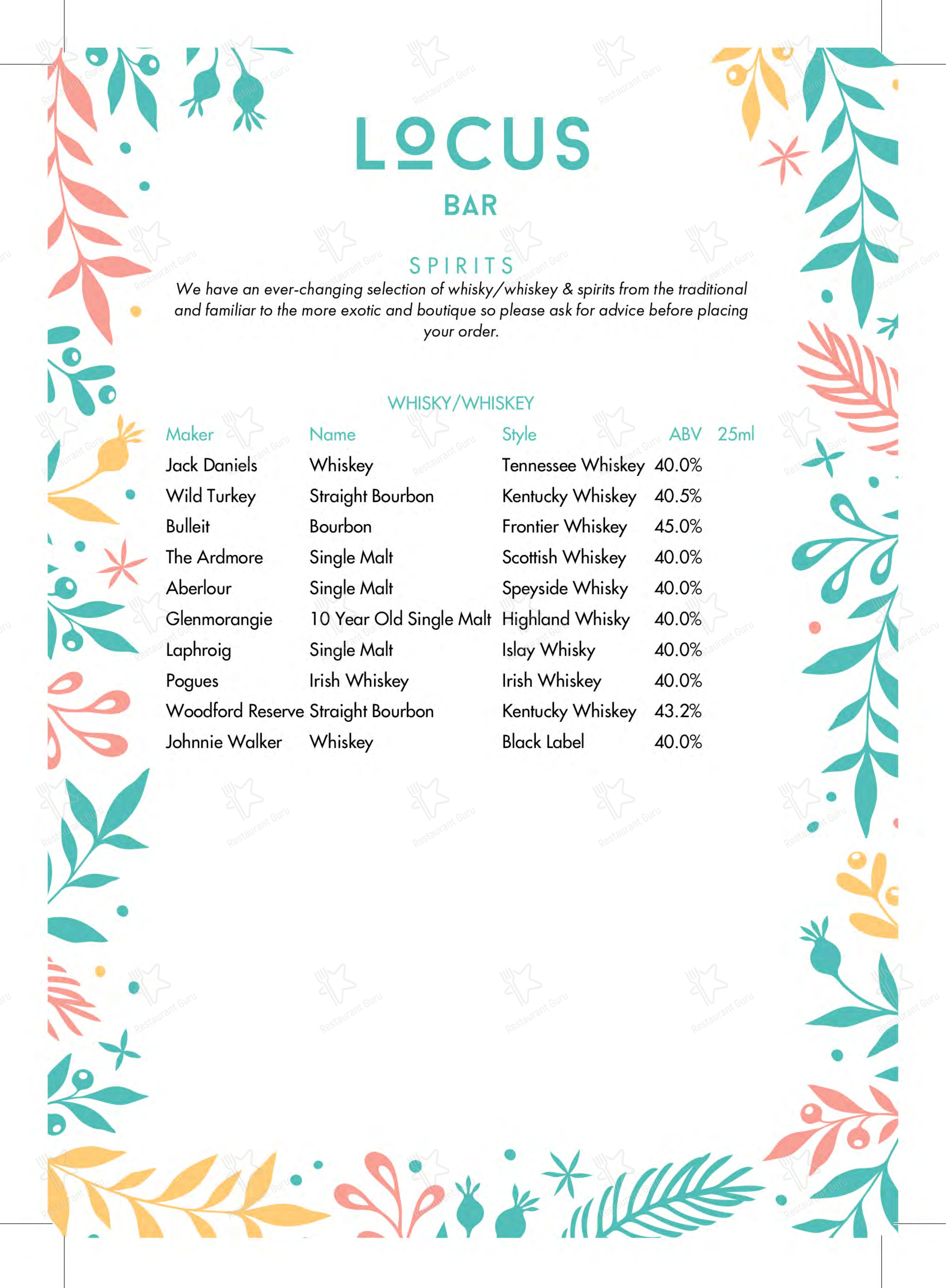 Locus Bar в Лидсе - Меню