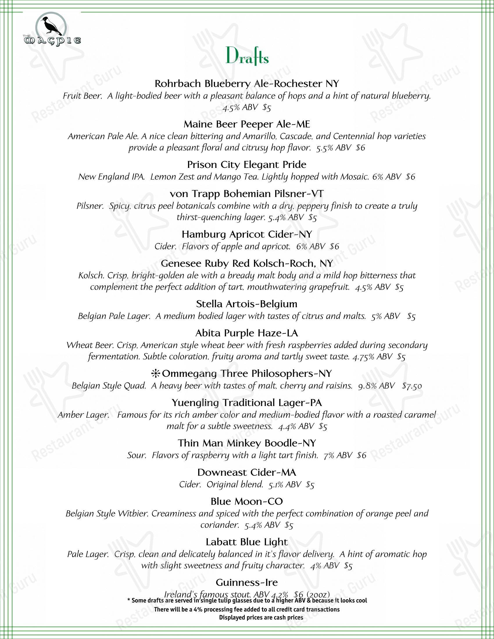 Magpie Irish Pub в Рочестере - Меню