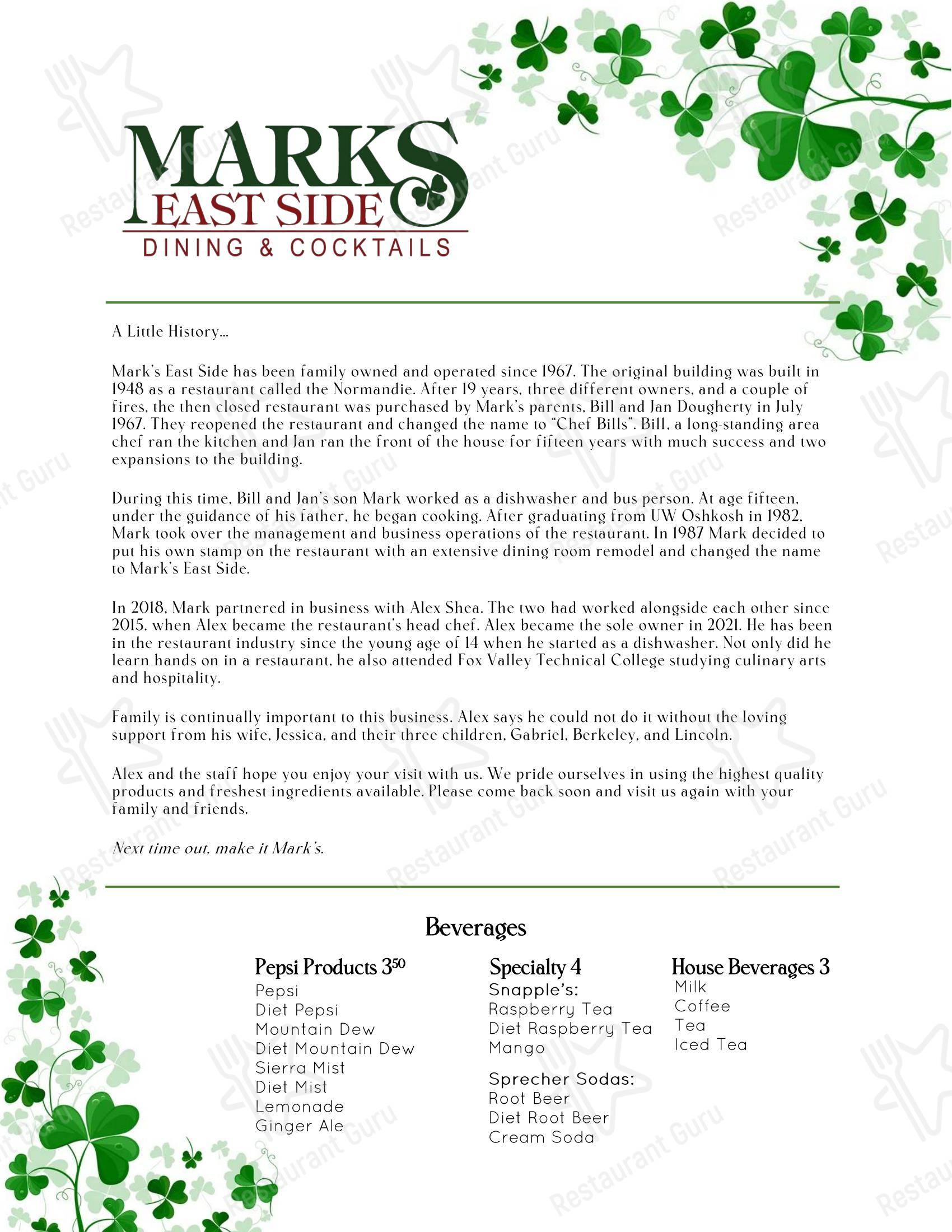 Mark's East Side в Аплтоне - Меню