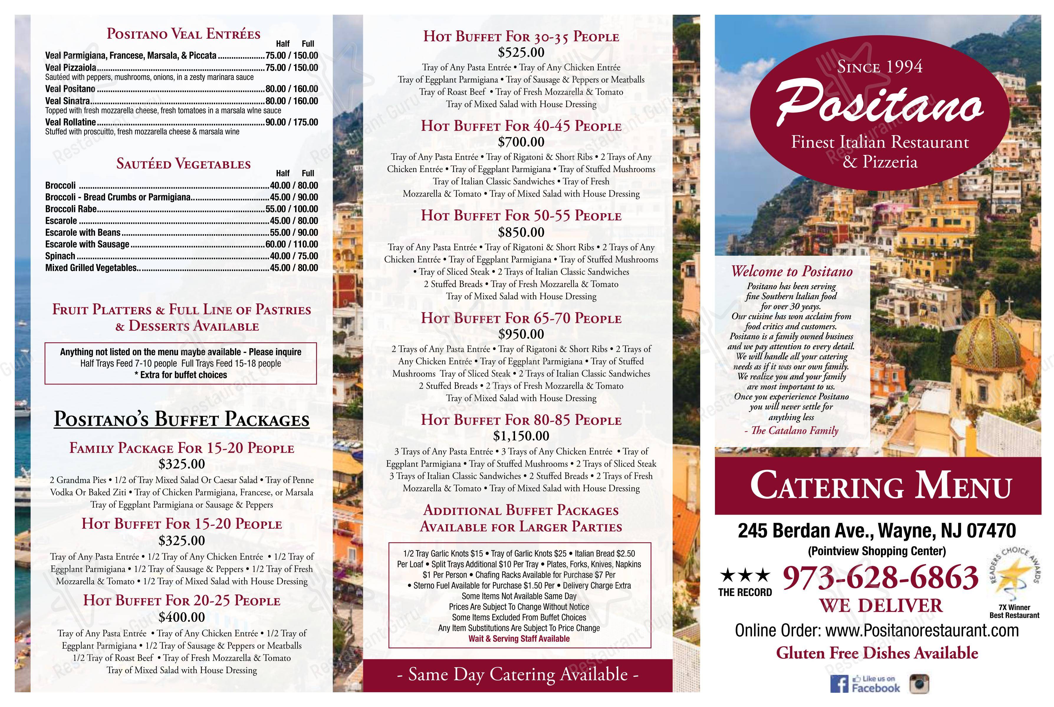 Меню пиццерии Positano Restaurant and pizzeria - Основное меню