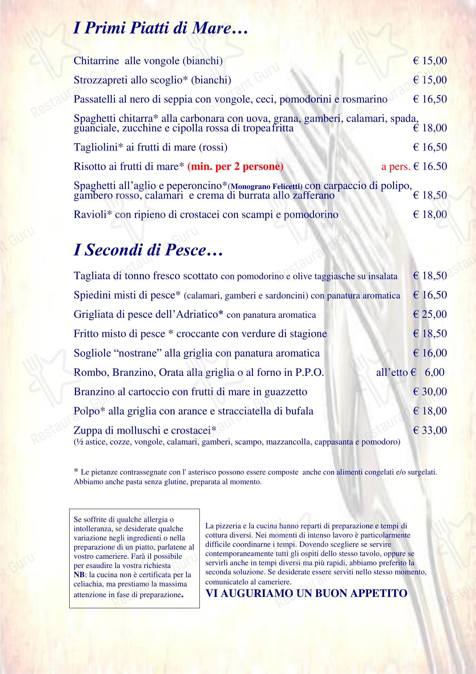 菜单 кафе Ristorante Pizzeria Altamarea
